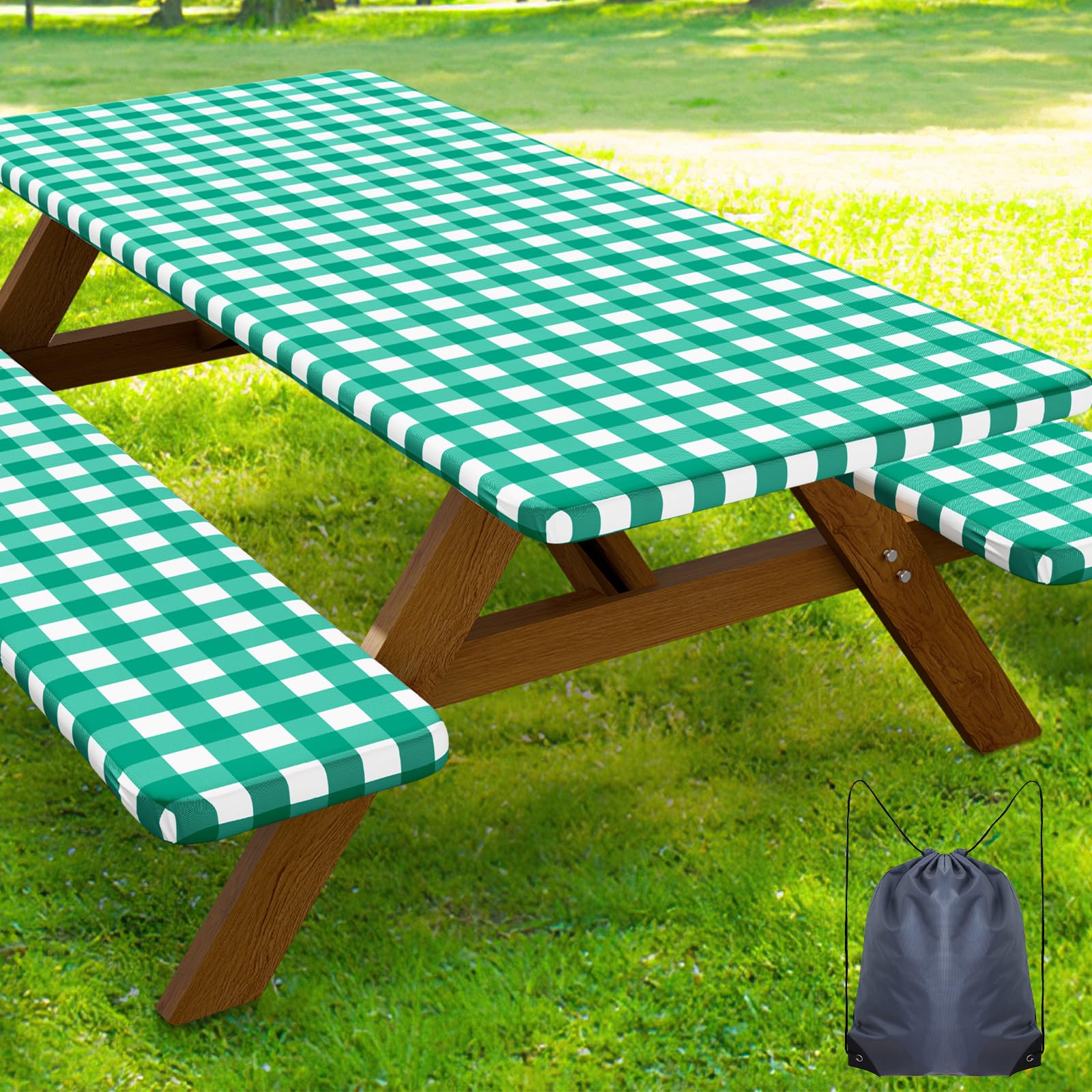 Smiry picnic table cover set with green and white buffalo plaid design