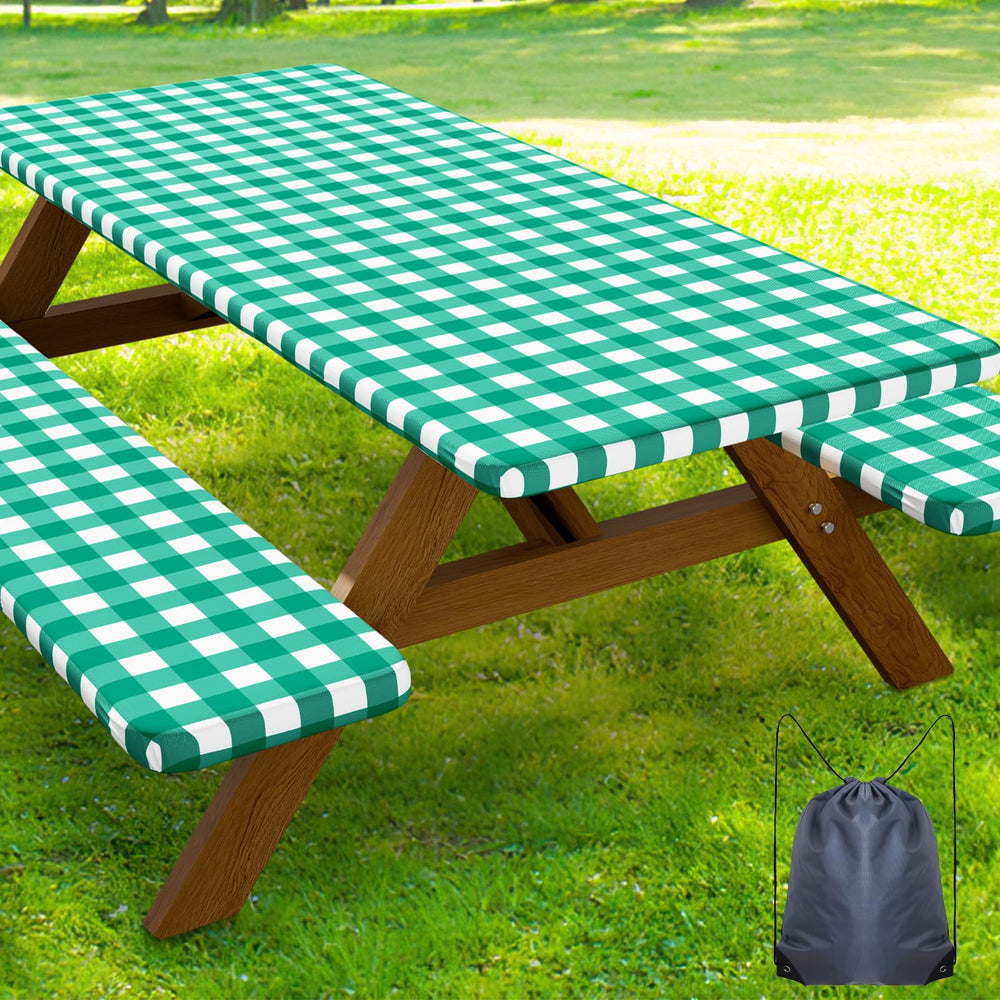 Smiry picnic table cover set with green and white buffalo plaid design