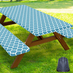 Smiry Picnic Table Cover Set with light blue table cover and bench covers