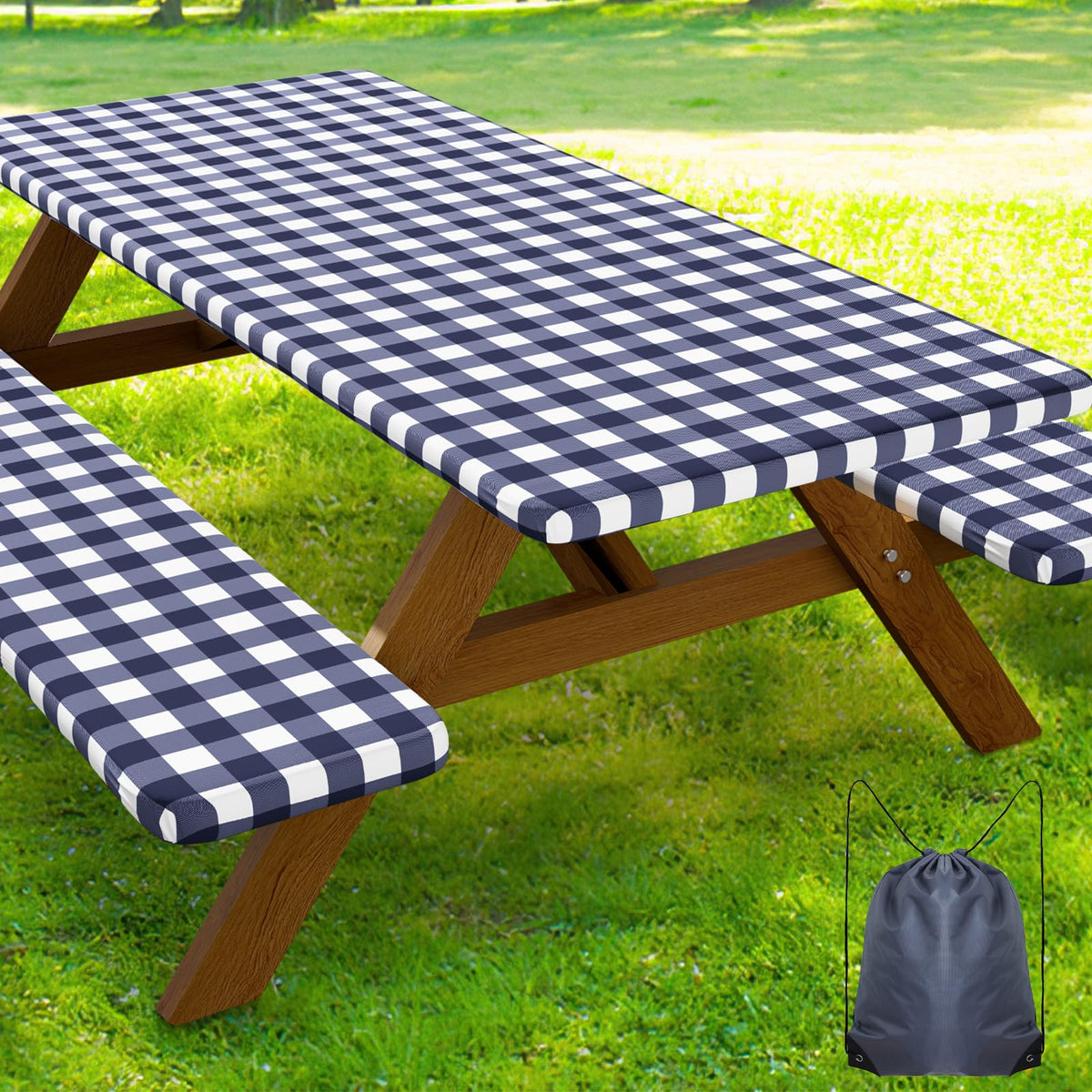 Smiry Picnic Table Cover Set with navy and white buffalo plaid design