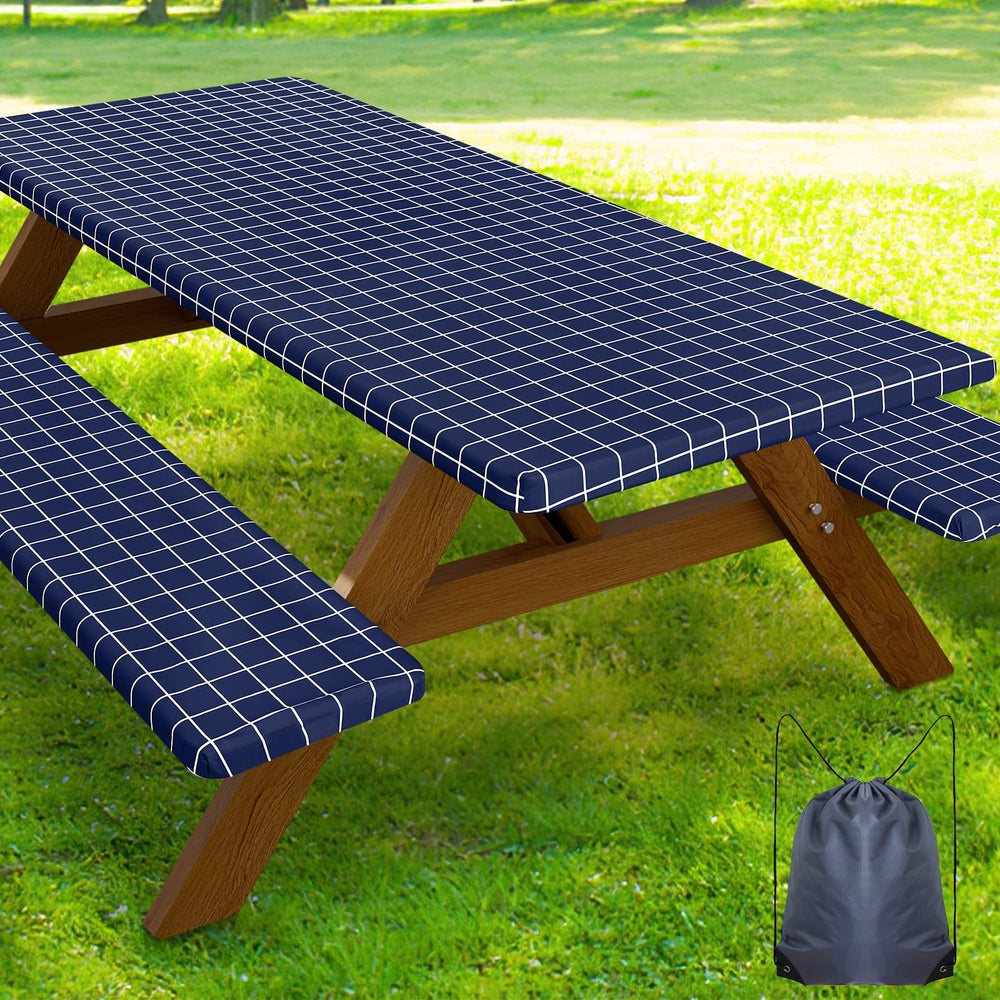 Smiry Picnic Table Cover Set with navy and white design, front view