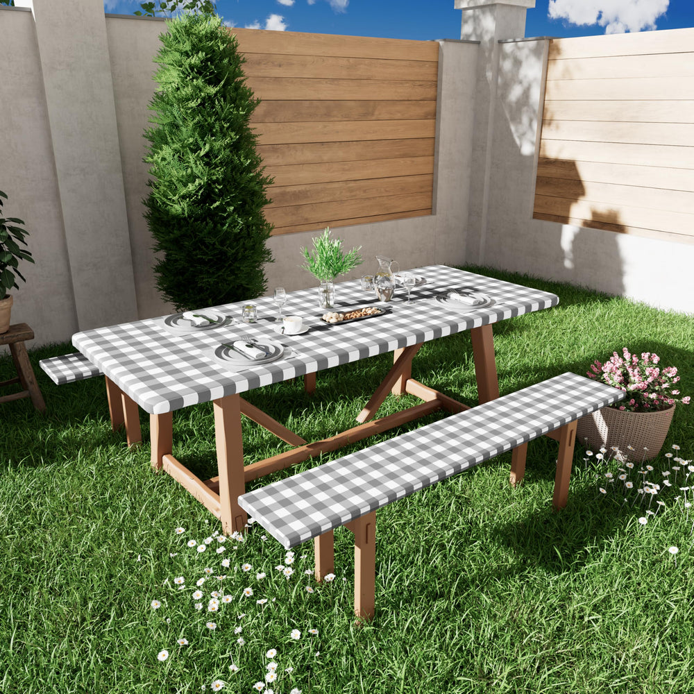 Smiry picnic table cover showing machine washable label