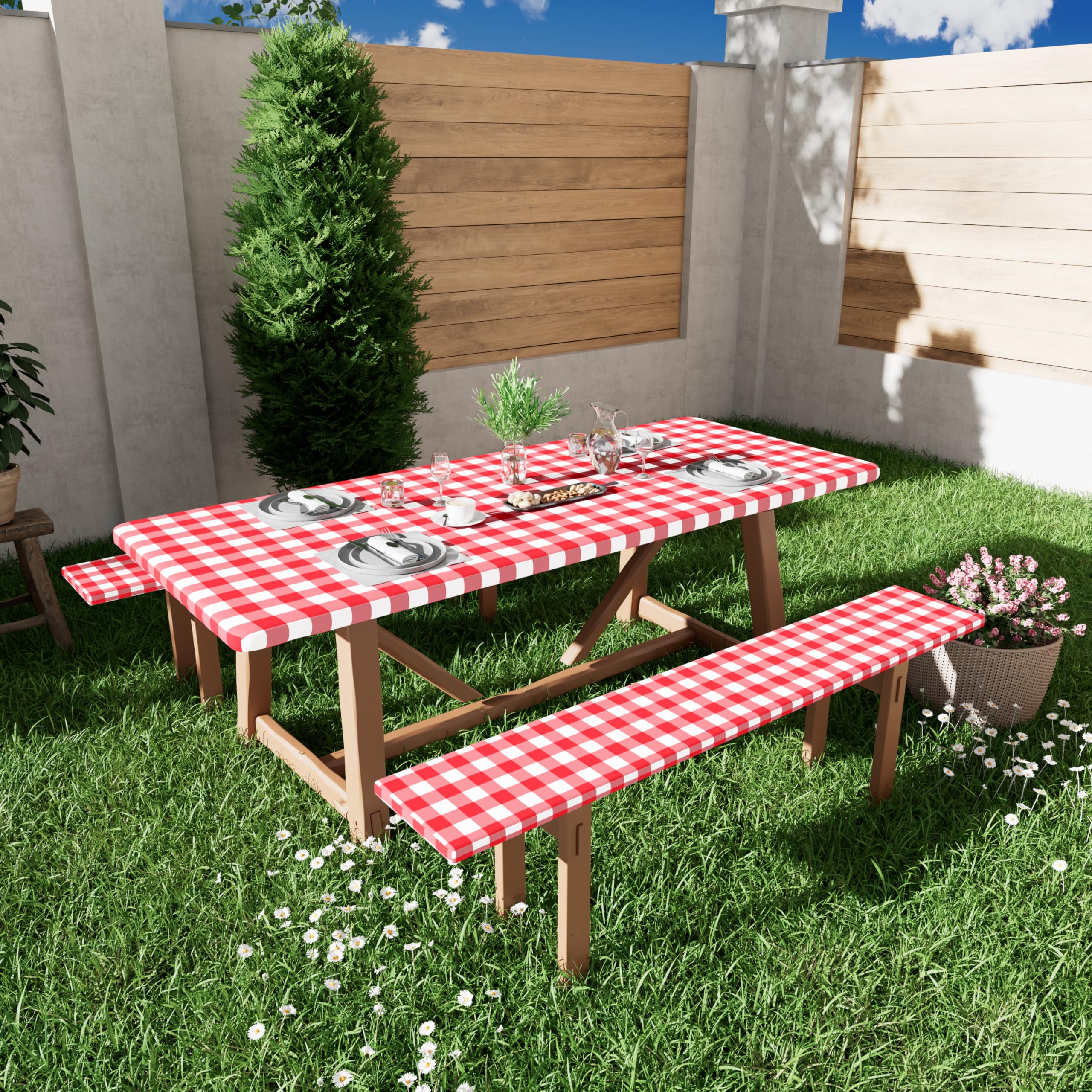 Smiry picnic table cover with benches during a BBQ