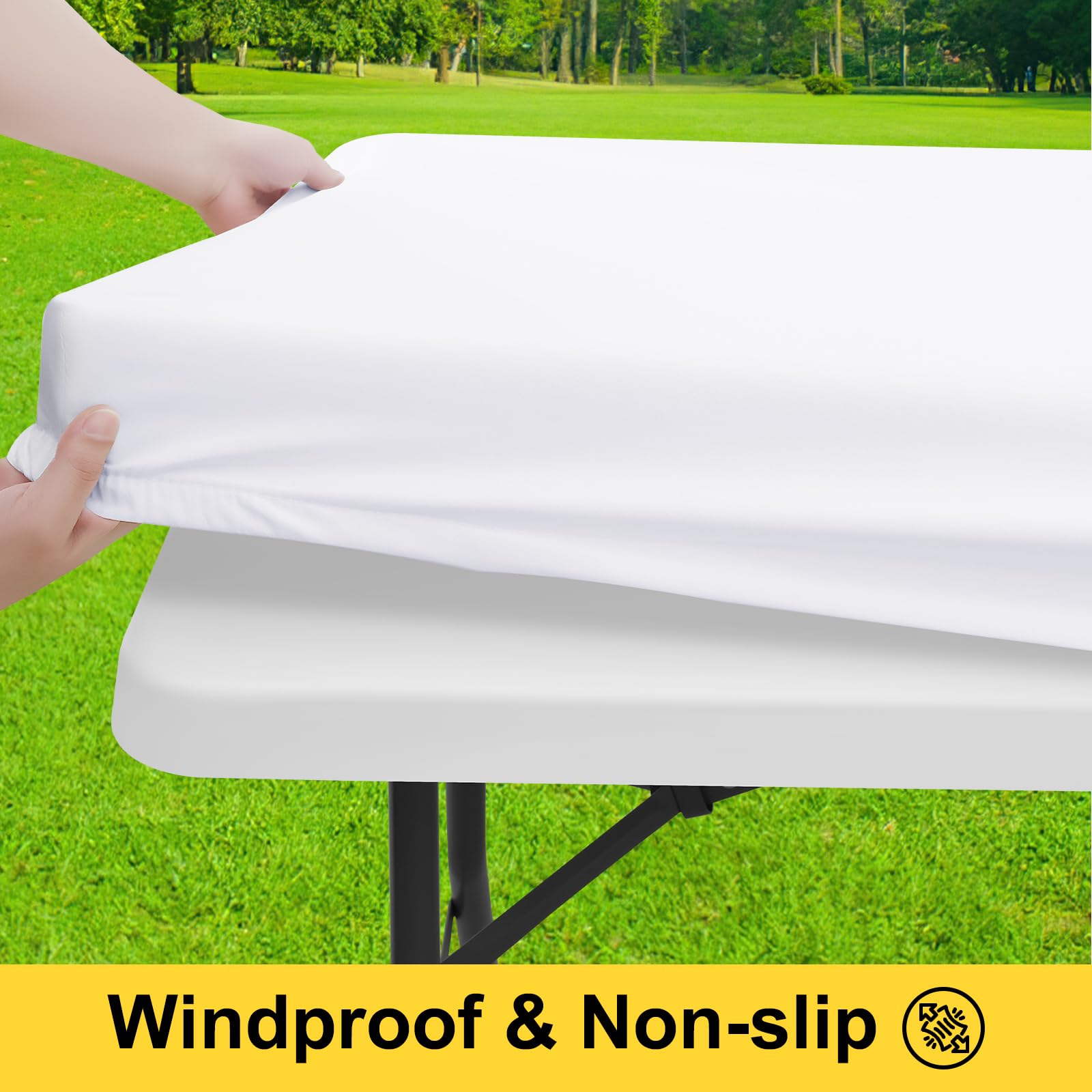 Smiry picnic table cover with elastic edge fitted on a table