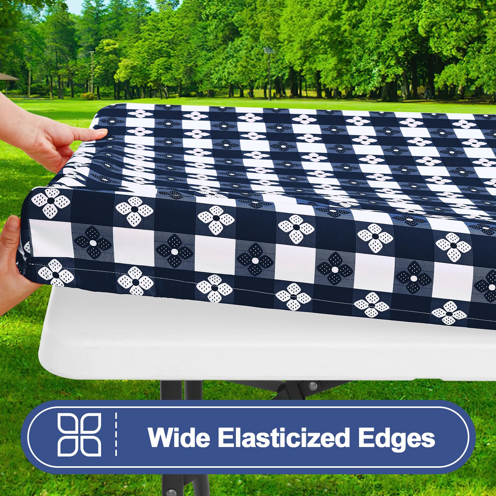 Smiry Picnic Table Cover with elastic edges, side view