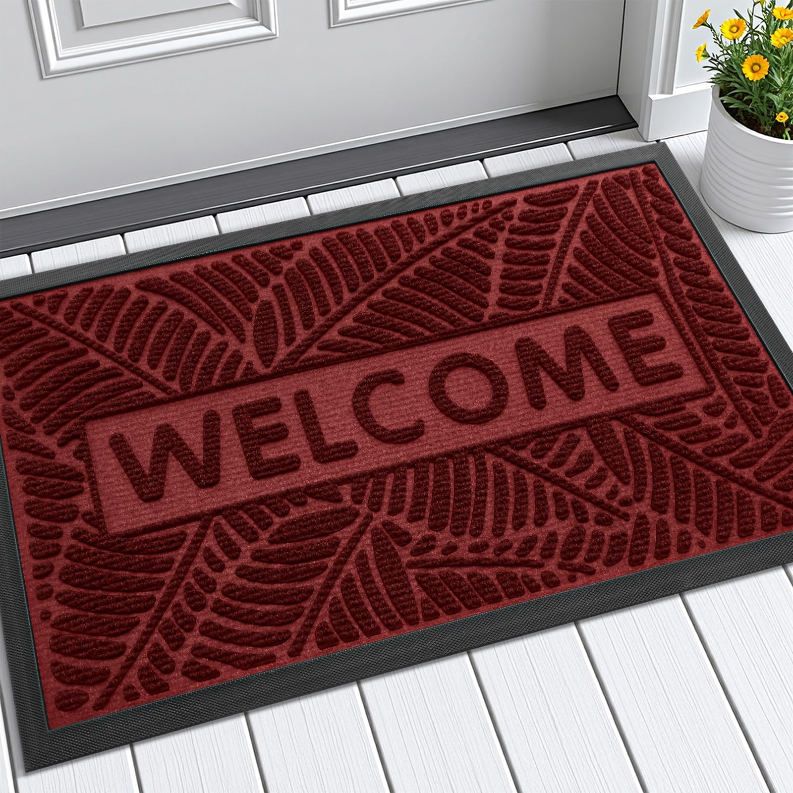 Smiry Welcome Front Door Mat in wine red, front view