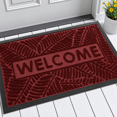 Smiry Welcome Front Door Mat in wine red, front view