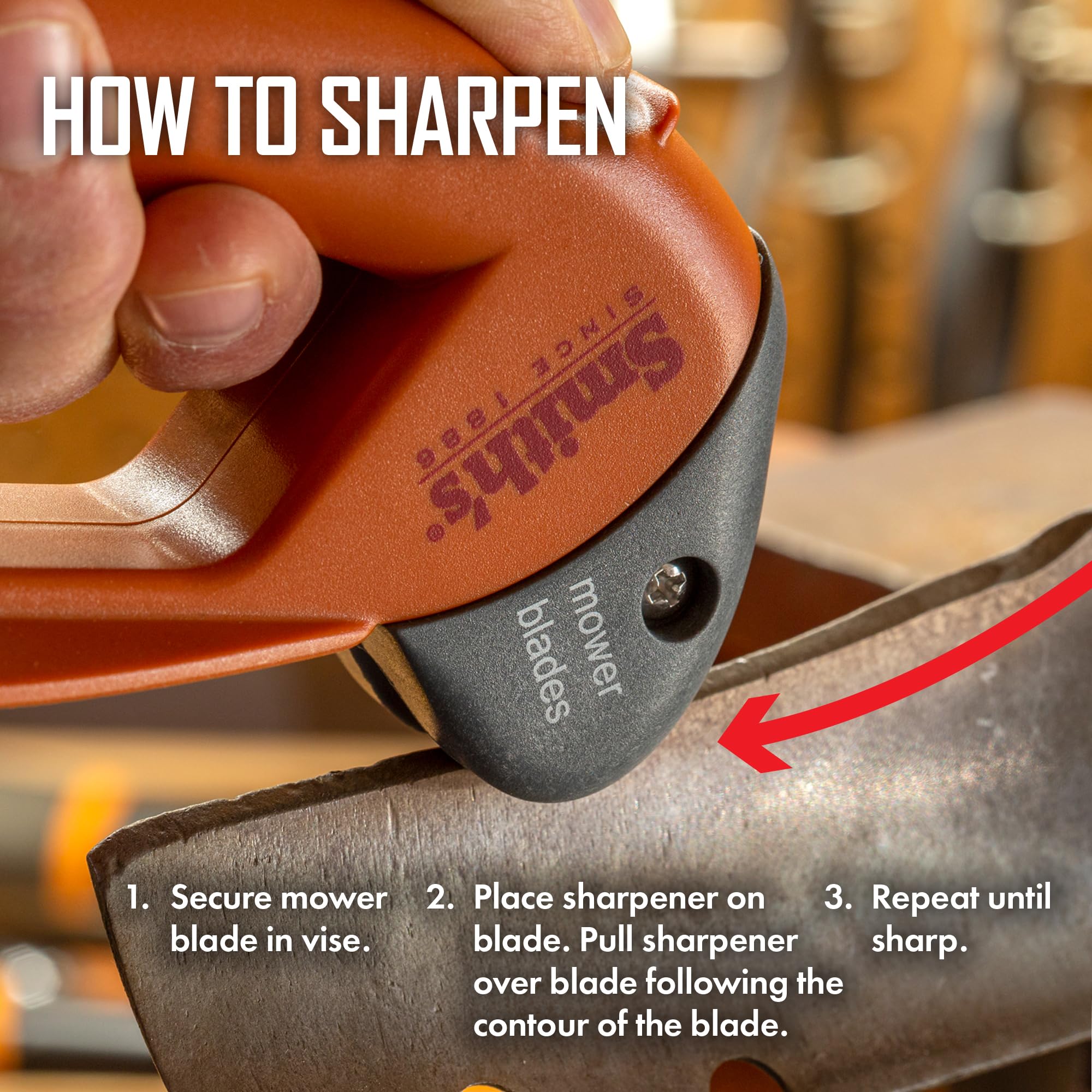 Smith's Handheld Lawn Mower Blade Sharpener dimensions on a table