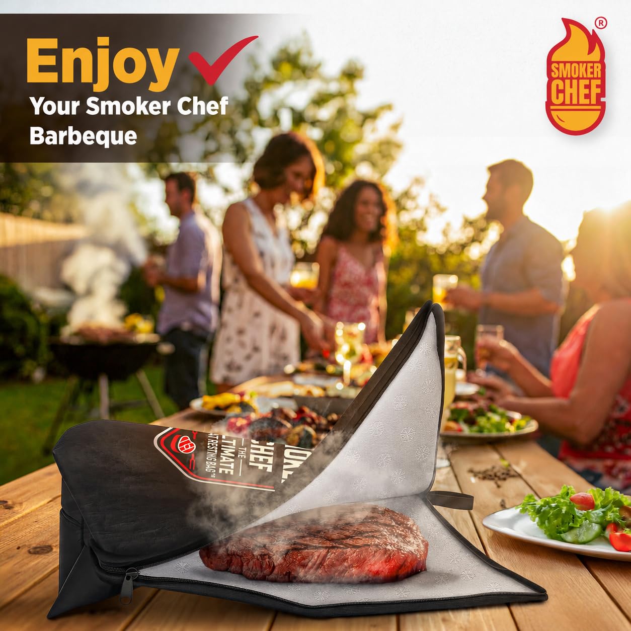Smoker Chef Meat Resting Bag 21-inch black insulated blanket laid flat on a grill