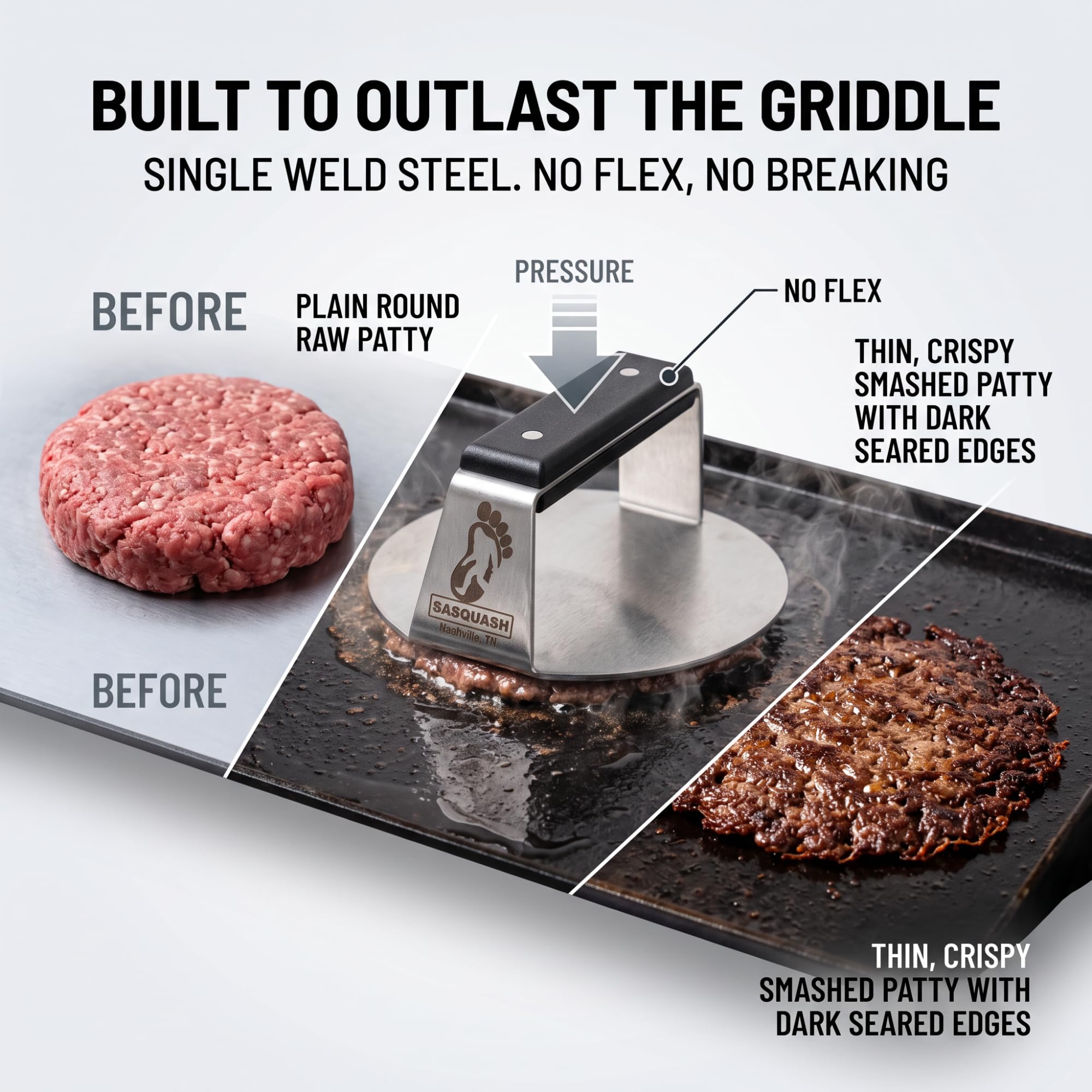 Smooth round surface of the Burger Iron Sasquash Burger Smasher