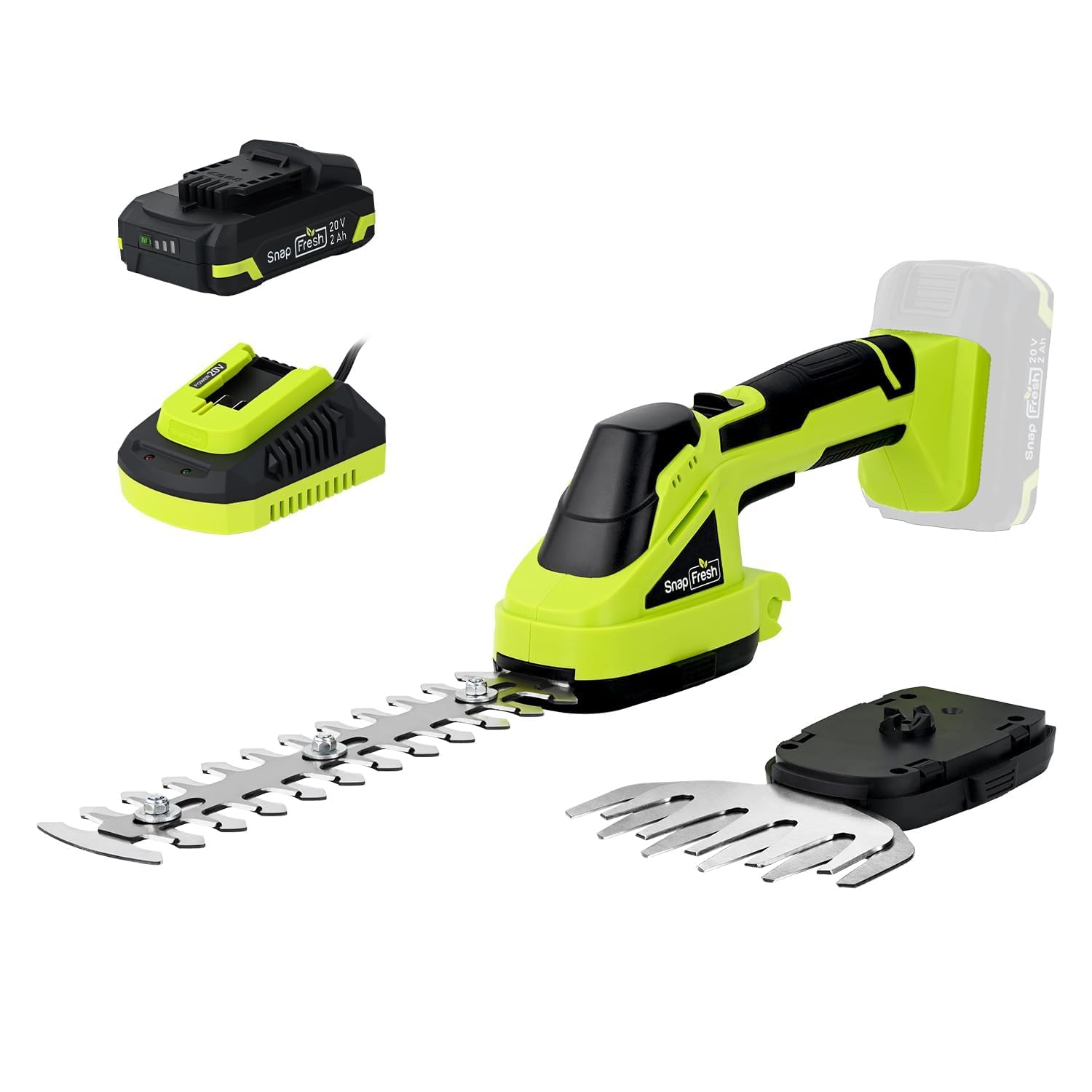 SnapFresh 20V Cordless Hedge Trimmer front view with light green finish