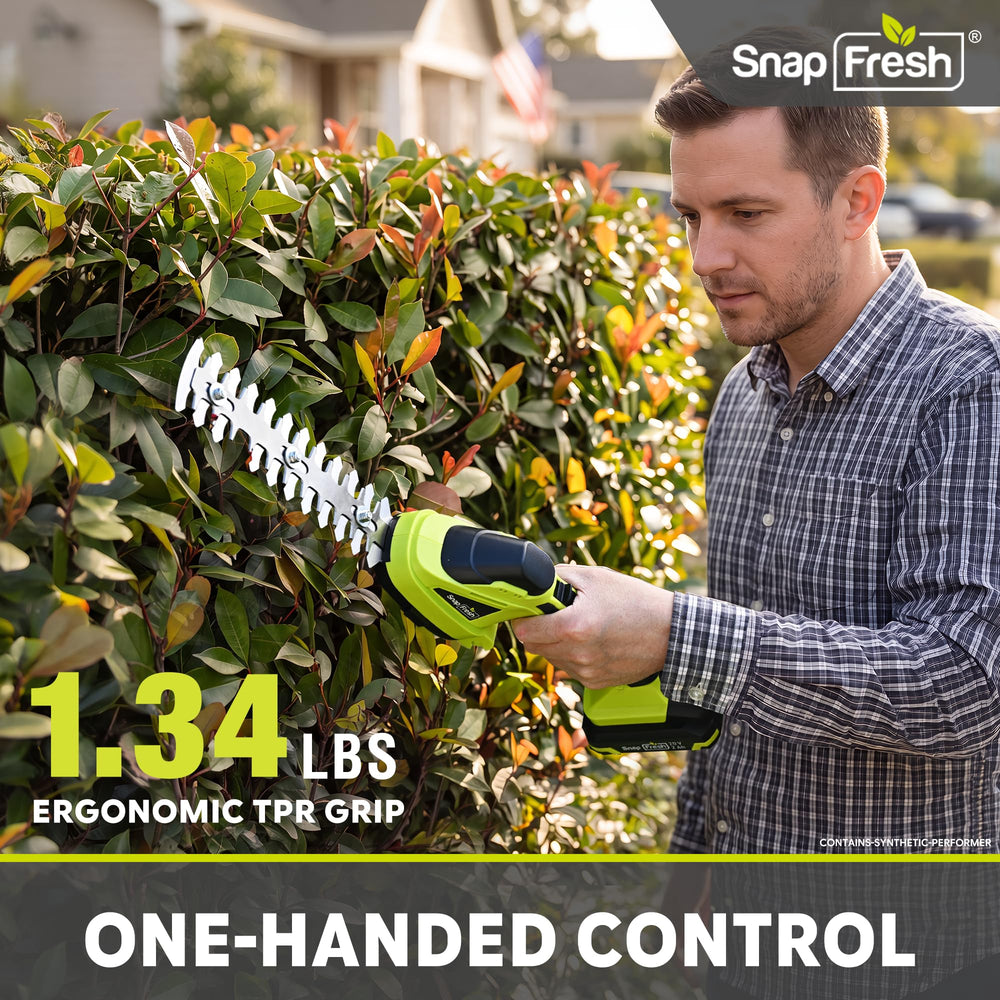 SnapFresh 20V Cordless Hedge Trimmer in use trimming bushes