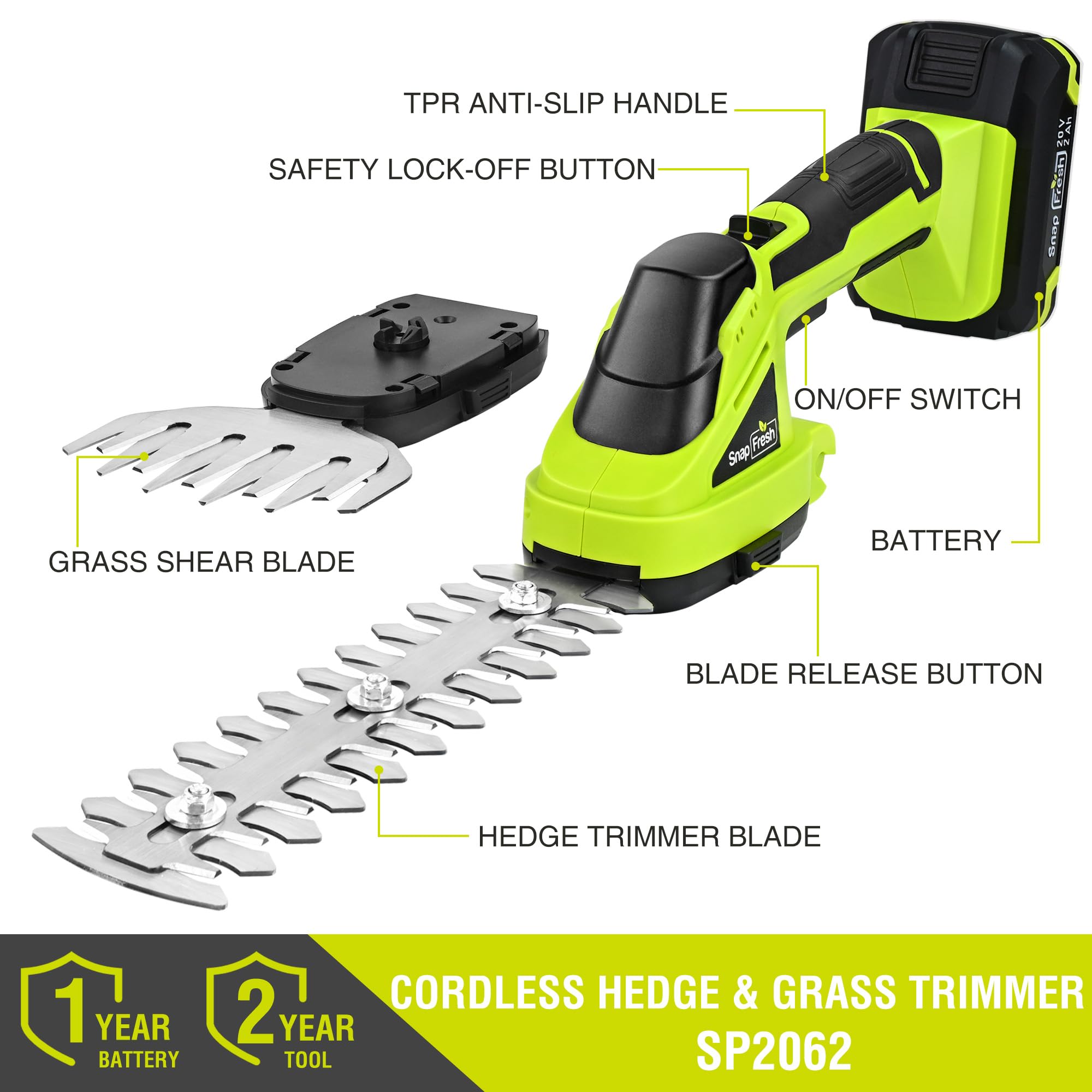 SnapFresh 20V Cordless Hedge Trimmer side view showing ergonomic handle