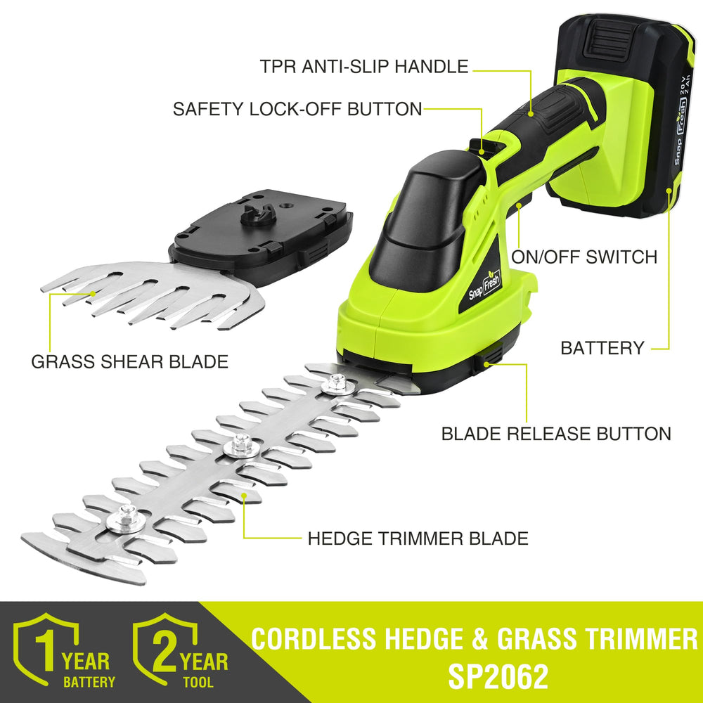 SnapFresh 20V Cordless Hedge Trimmer side view showing ergonomic handle