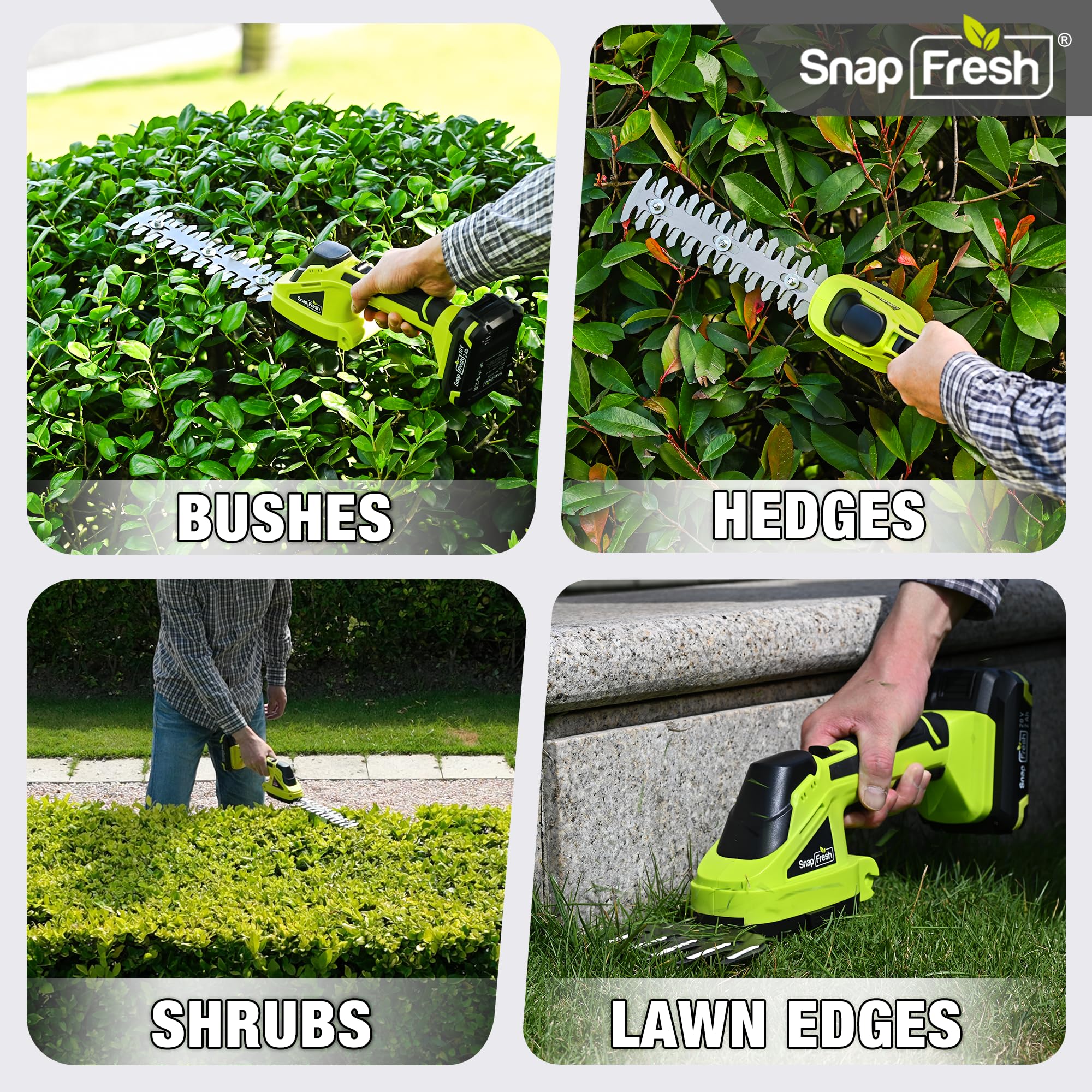 SnapFresh 20V Cordless Hedge Trimmer with safety features highlighted