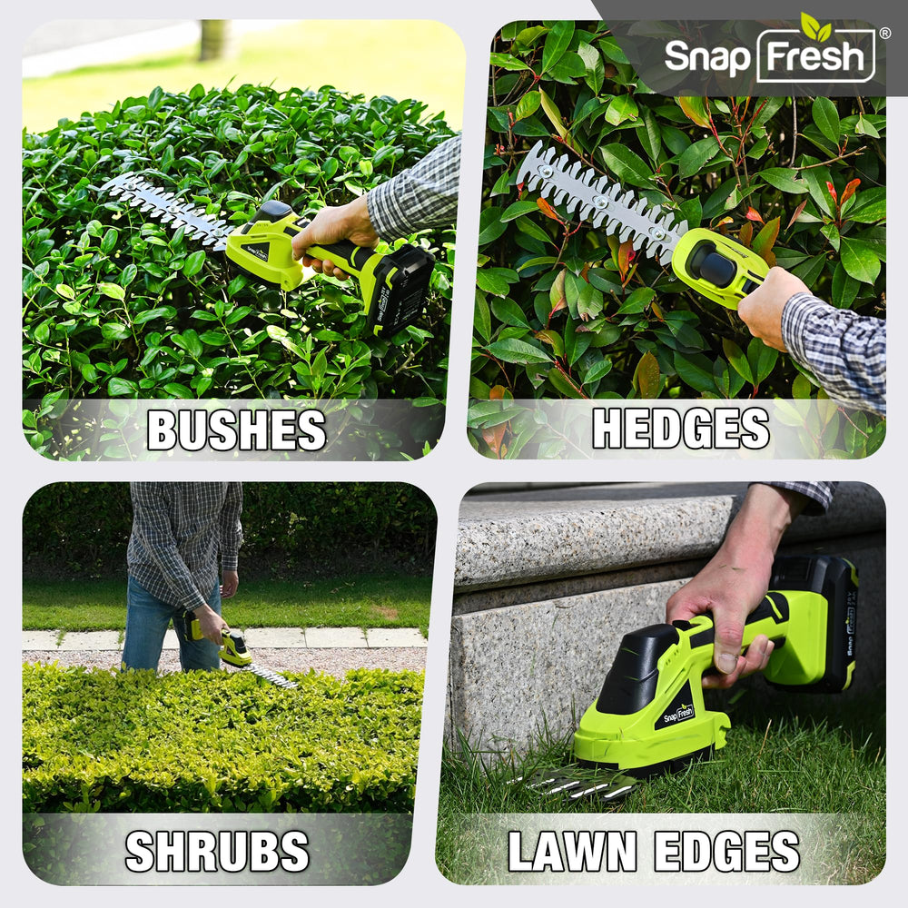 SnapFresh 20V Cordless Hedge Trimmer with safety features highlighted