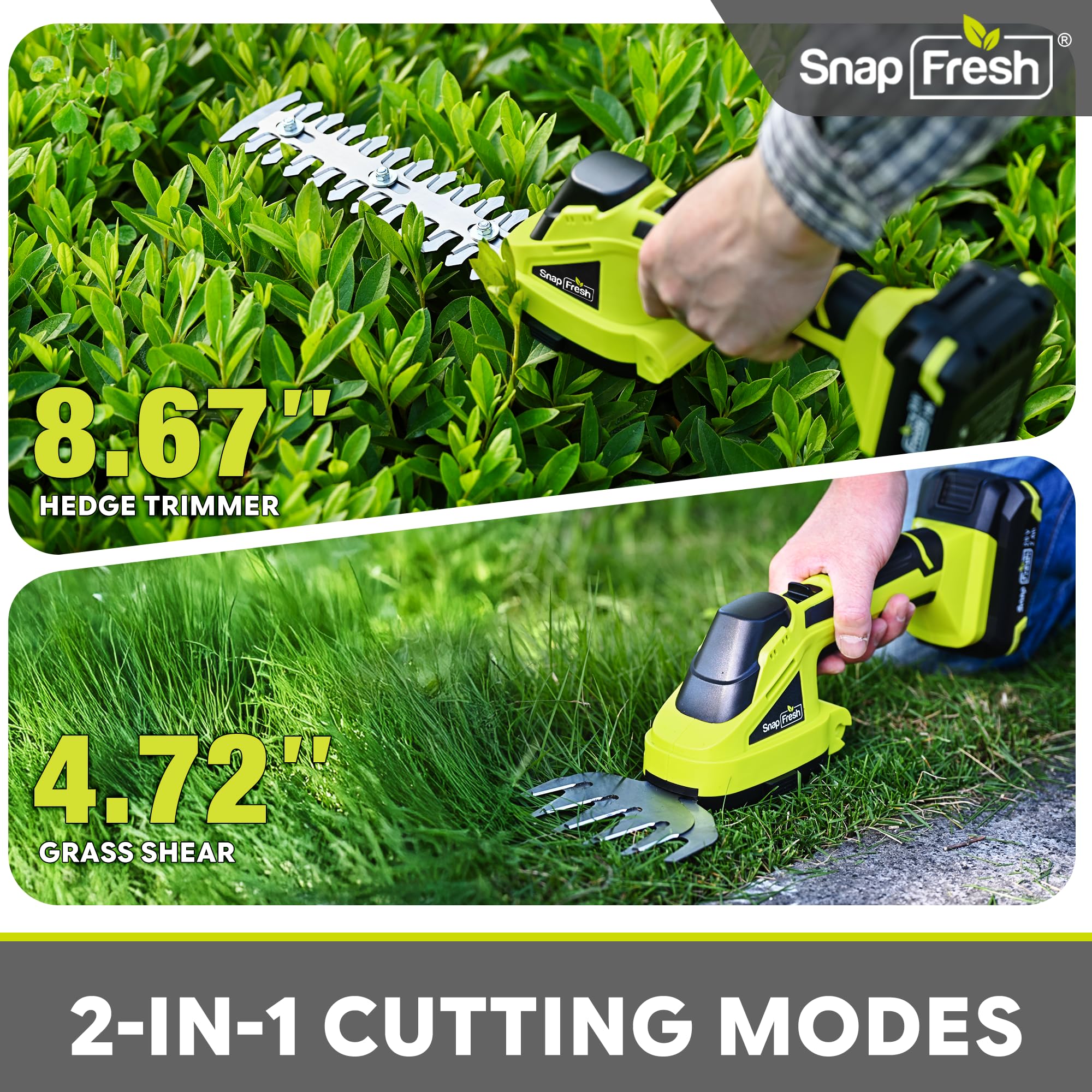 SnapFresh 20V Grass Shears with battery pack attached
