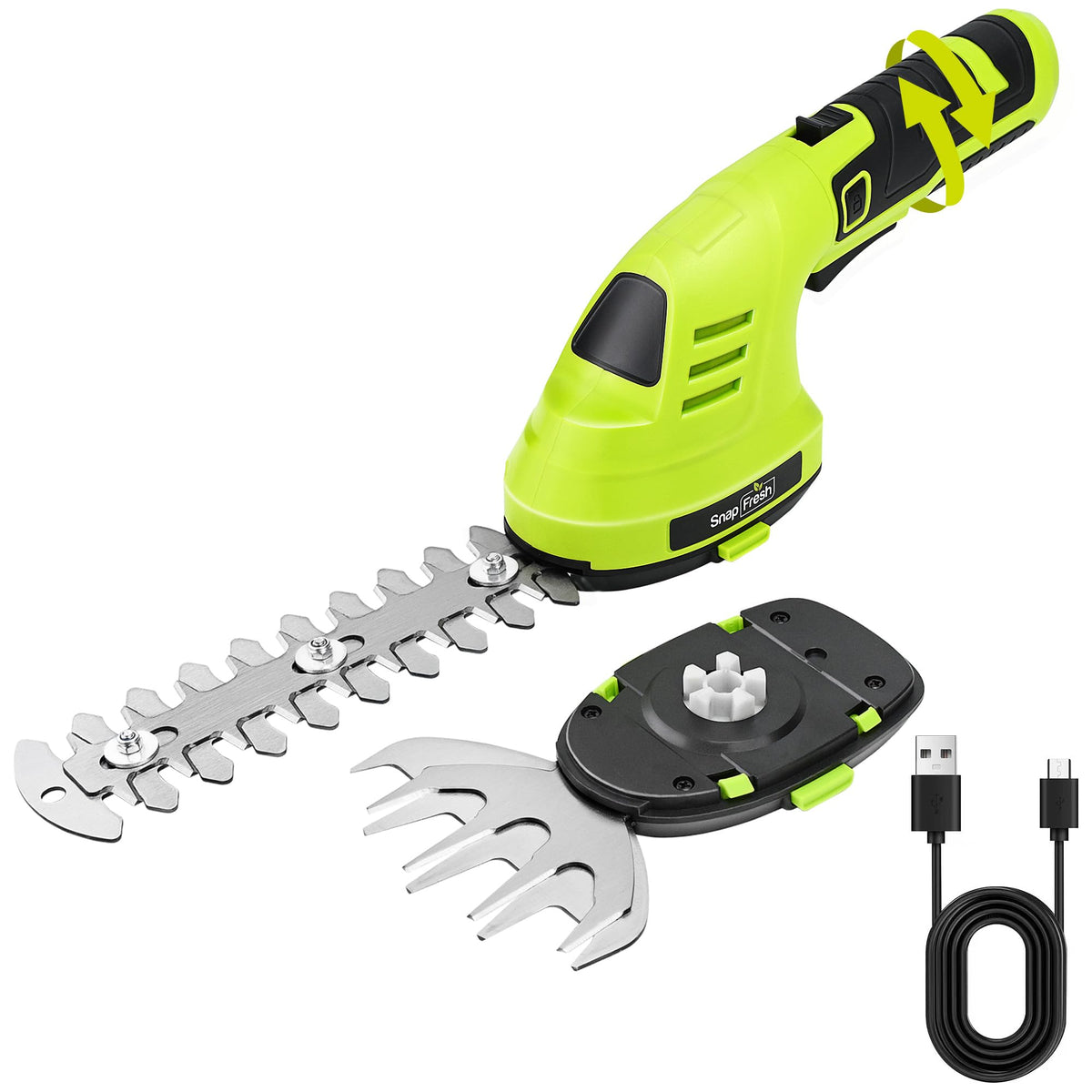 SnapFresh cordless hedge trimmer front view with rotating head