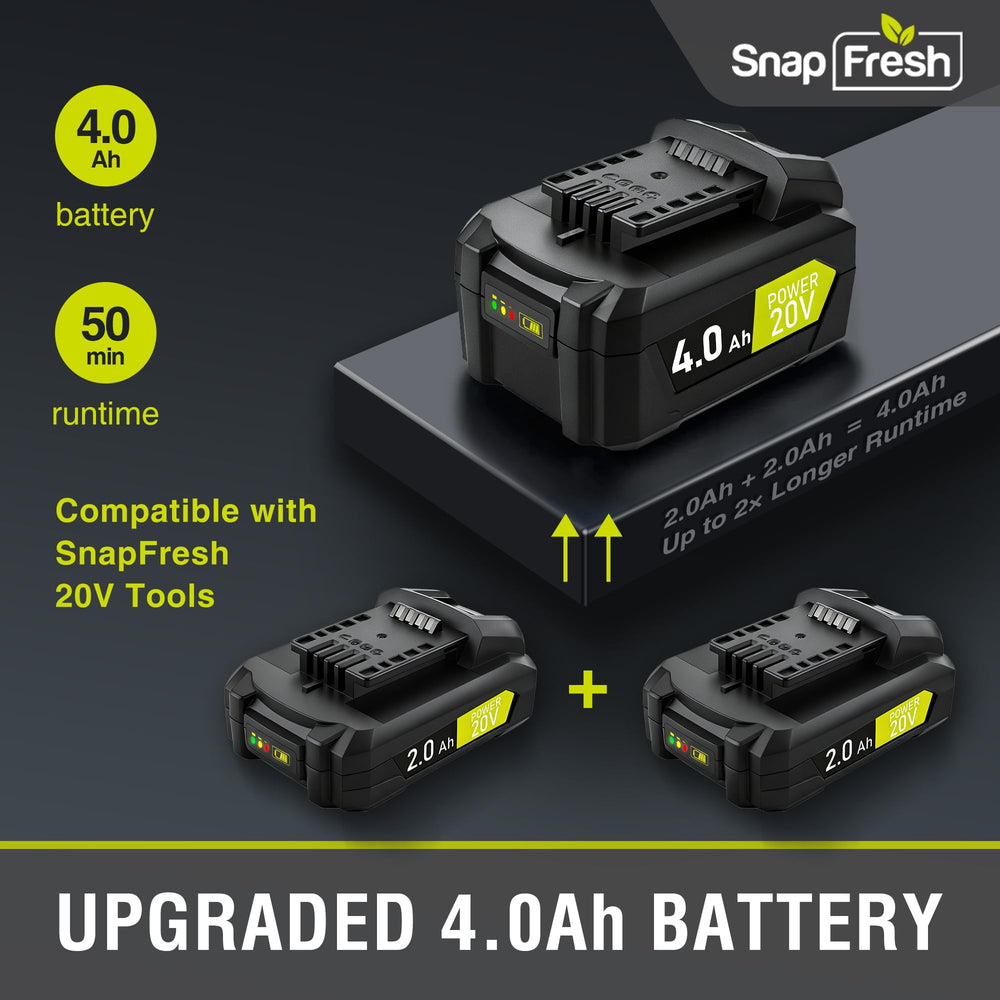 SnapFresh cordless leaf blower with 4.0Ah battery and charger