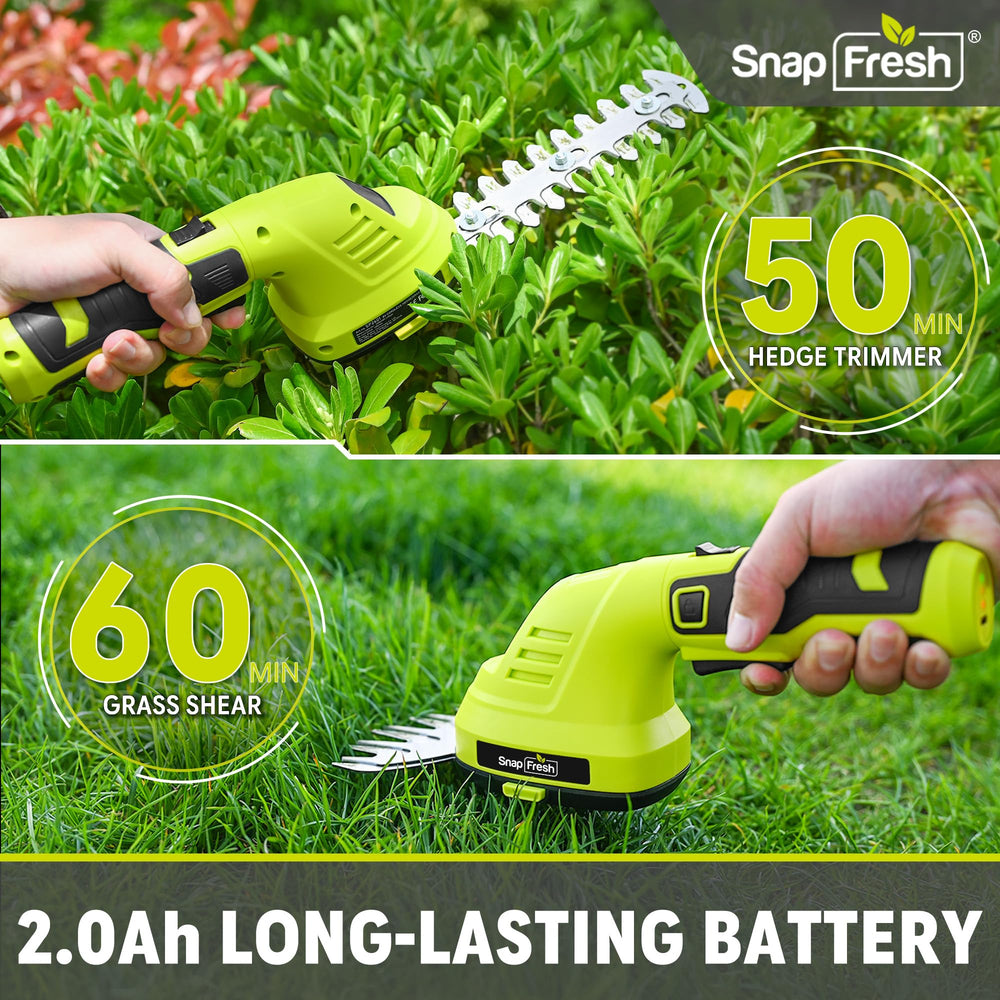 SnapFresh hedge trimmer showing USB-C charging port