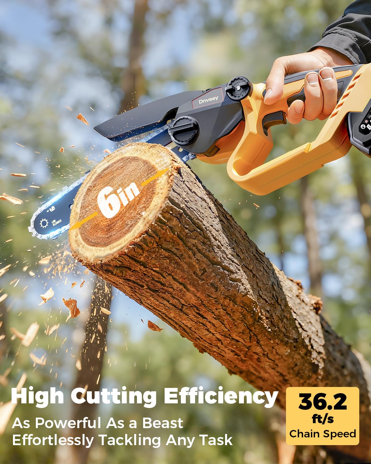 Snoonwee cordless pole saw and mini chainsaw in use outdoors