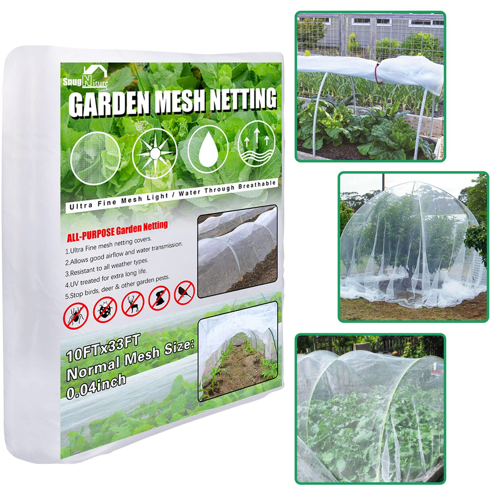 SnugNiture Garden Netting 10x33FT in white, showcasing ultra-fine mesh design