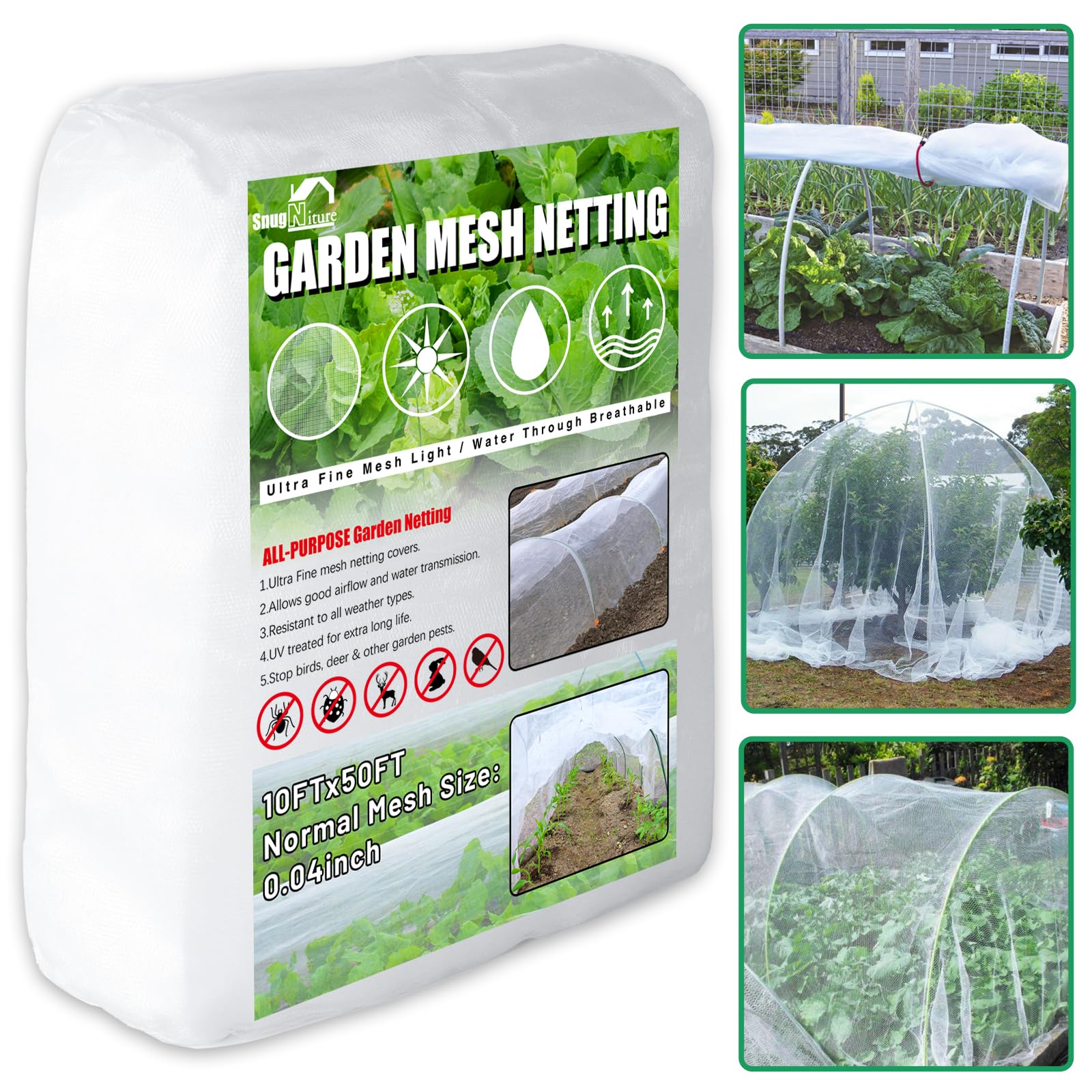 SnugNiture Garden Netting 10x50FT white ultra-fine mesh front view