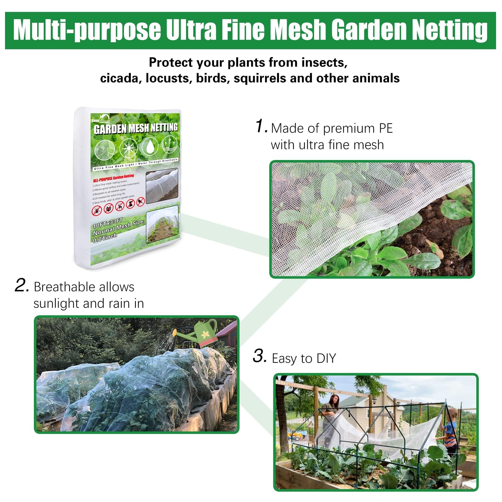 SnugNiture Garden Netting packaging showing dimensions