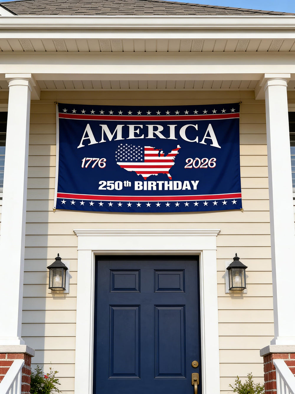 Snungee 250th Anniversary USA Flag hung at a community event