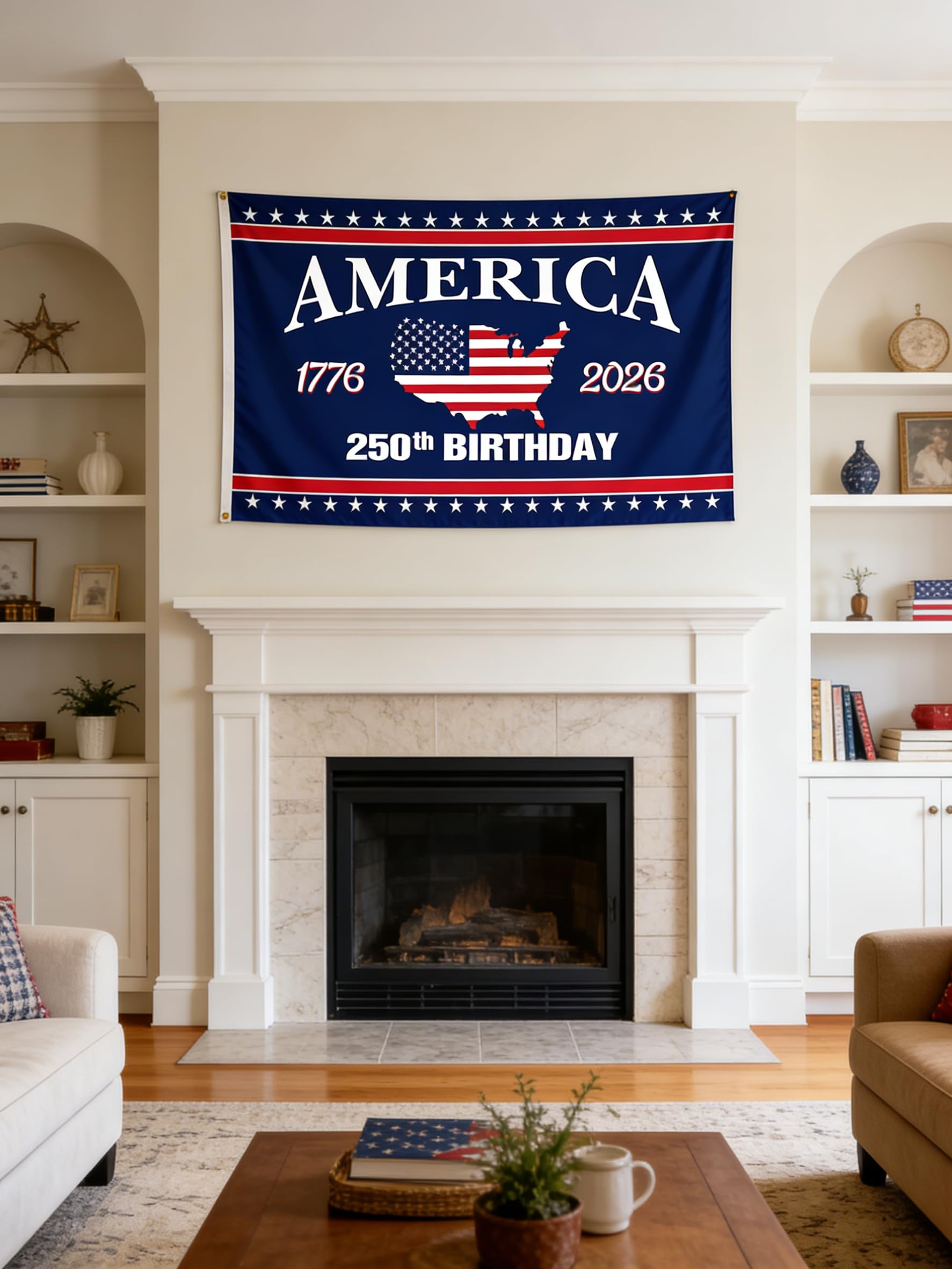 Snungee 250th Anniversary USA Flag in front of a porch