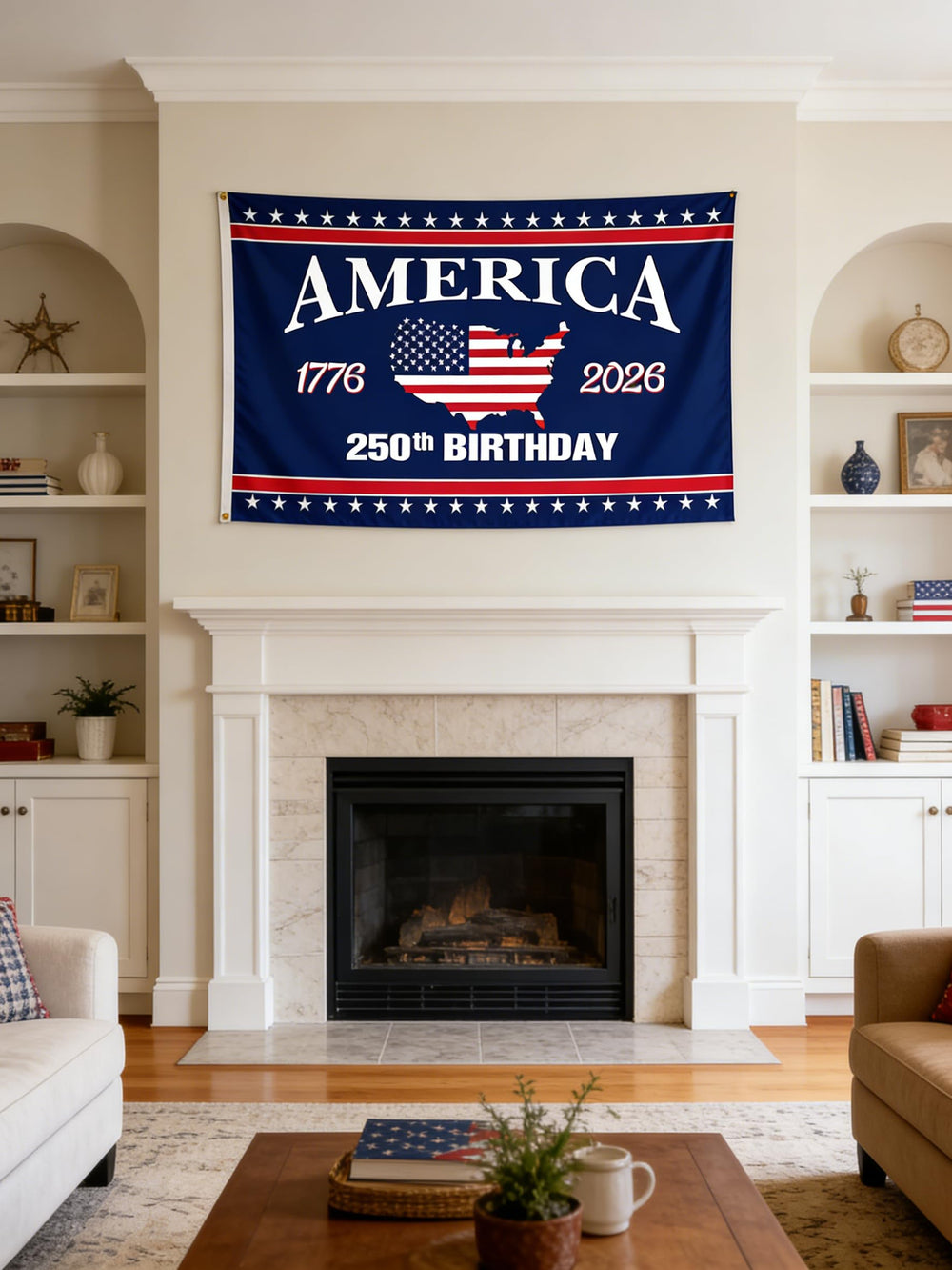 Snungee 250th Anniversary USA Flag in front of a porch