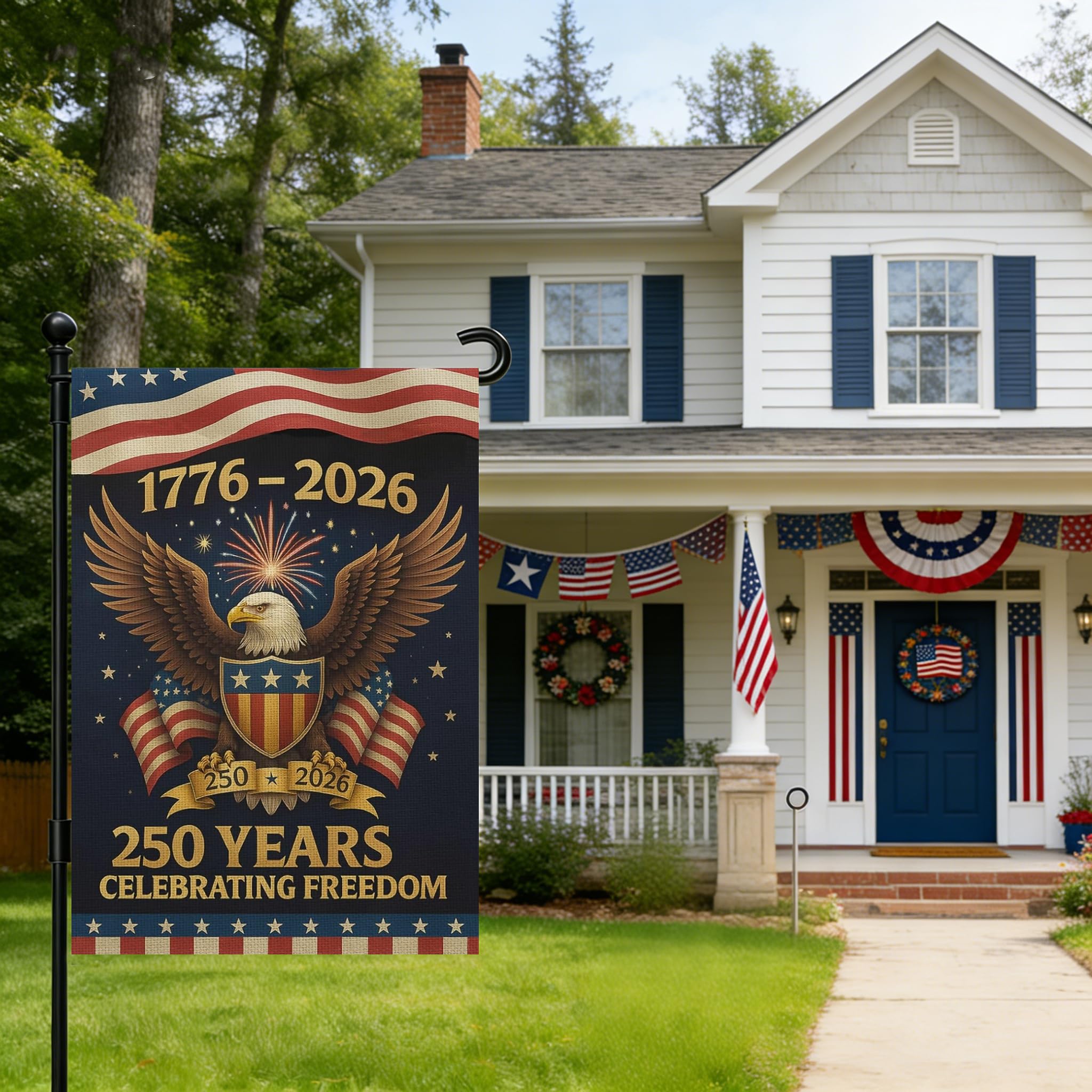 Snungee 250th Anniversary USA Garden Flag displayed on a flag pole
