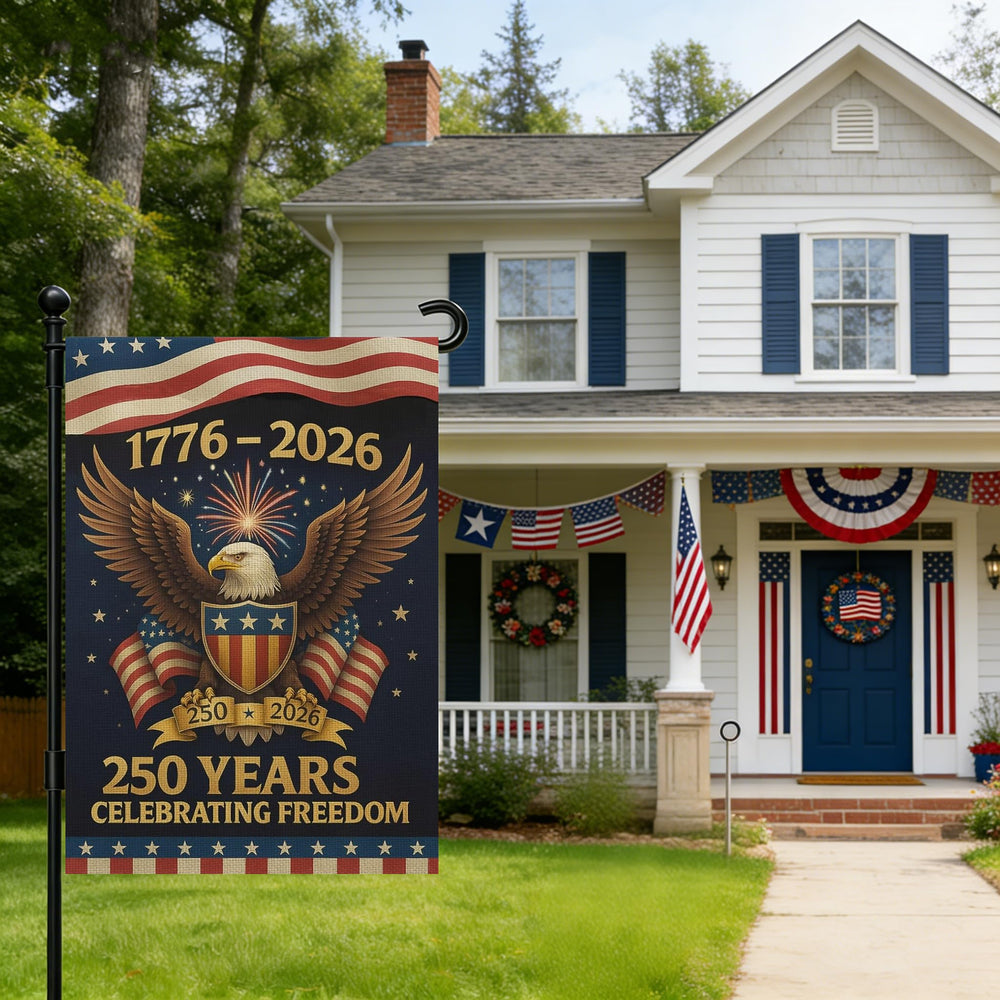 Snungee 250th Anniversary USA Garden Flag displayed on a flag pole