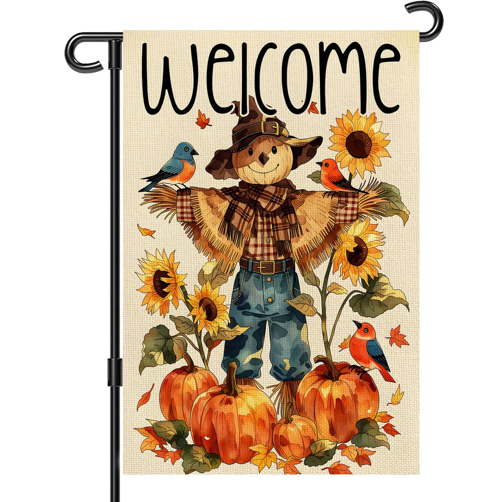 Snungee Fall Garden Flag 12x18 inch front view with scarecrow and pumpkins