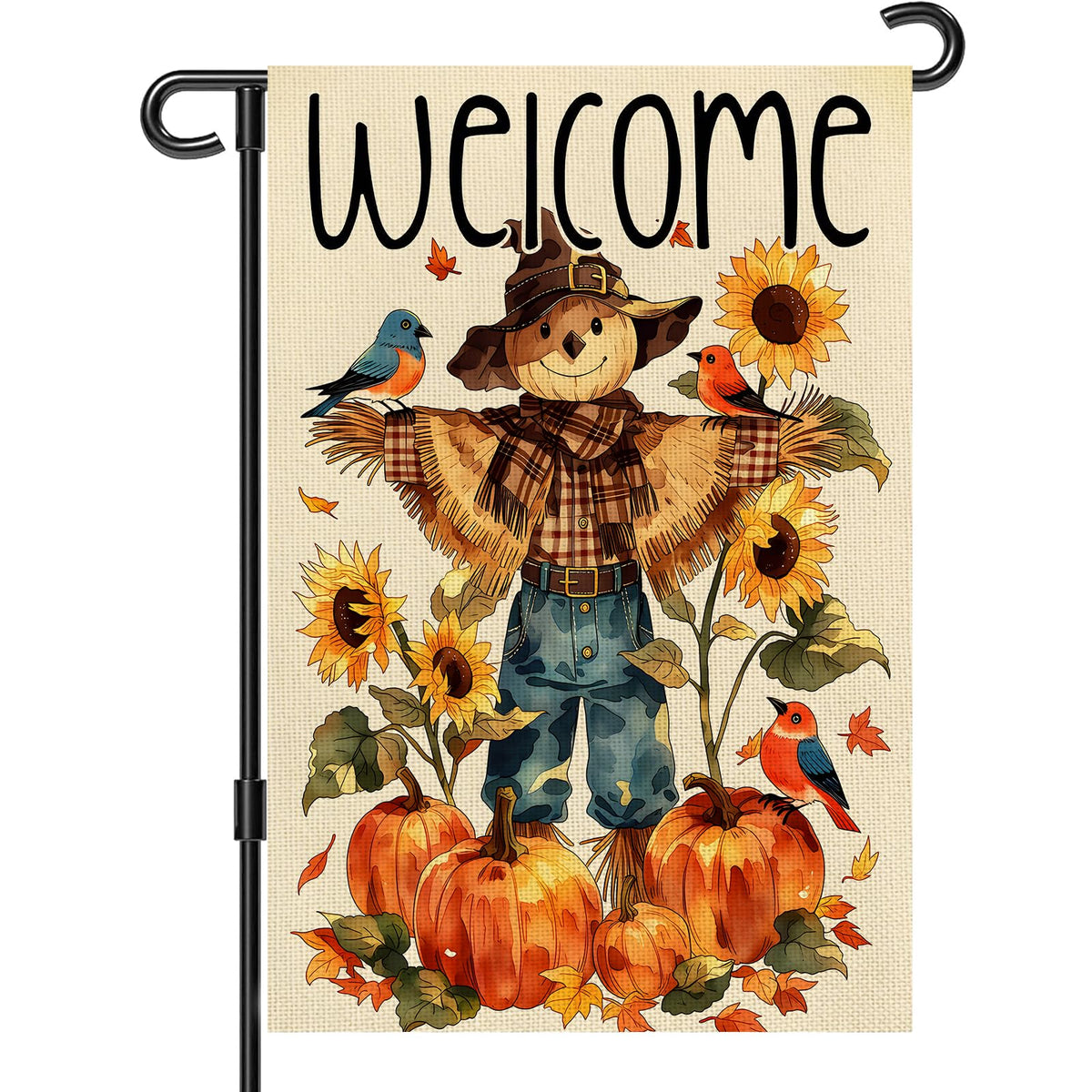 Snungee Fall Garden Flag 12x18 inch front view with scarecrow and pumpkins