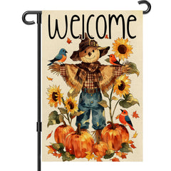 Snungee Fall Garden Flag 12x18 inch front view with scarecrow and pumpkins