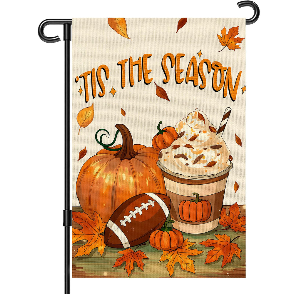 Snungee Fall Garden Flag featuring rustic pumpkins and football design
