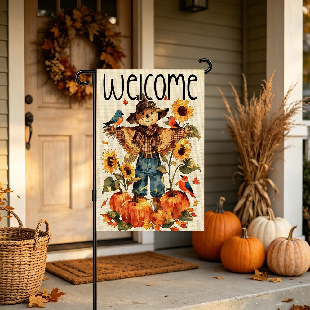 Snungee Fall Garden Flag in a porch setting during autumn