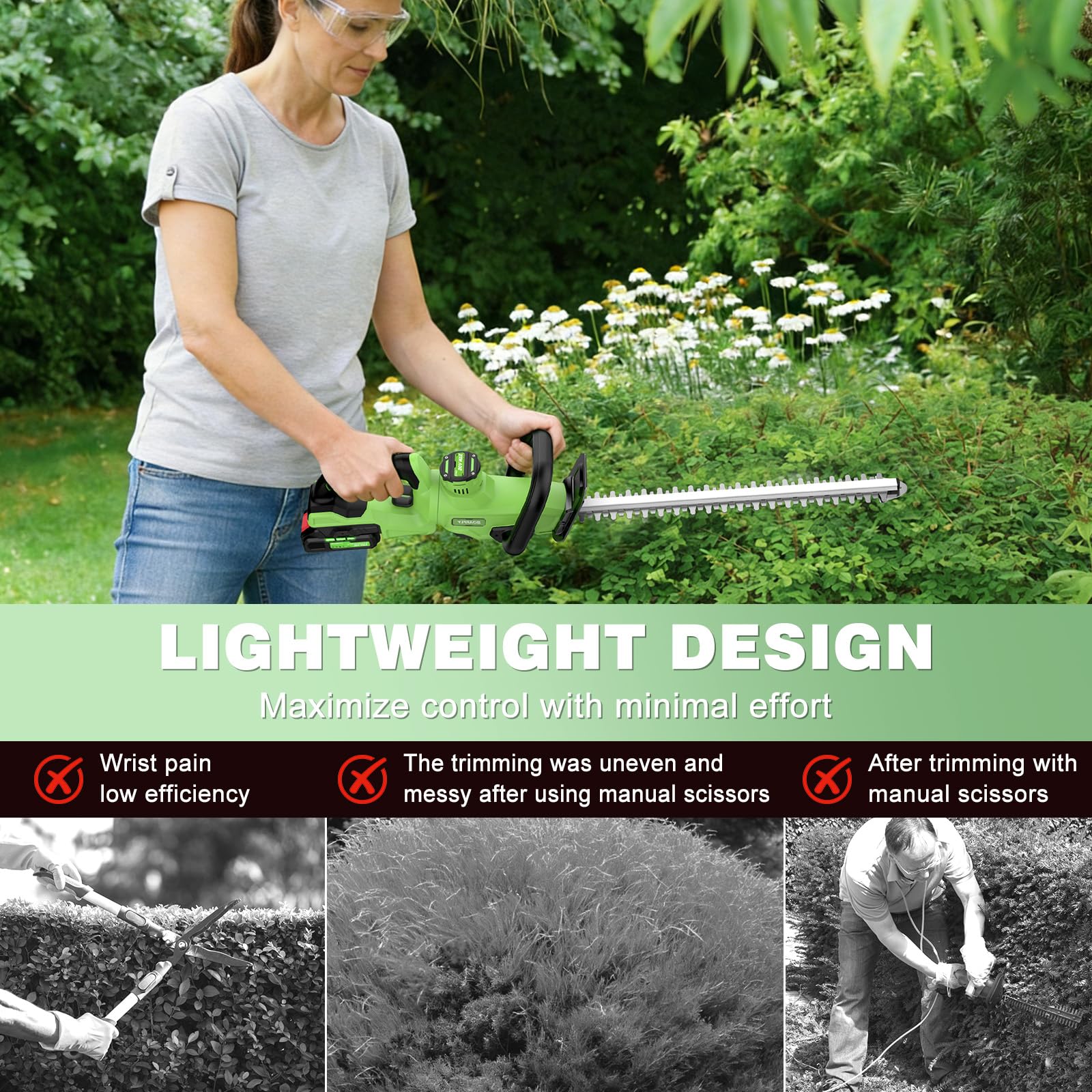 SOARFLY hedge trimmer demonstrating cordless operation
