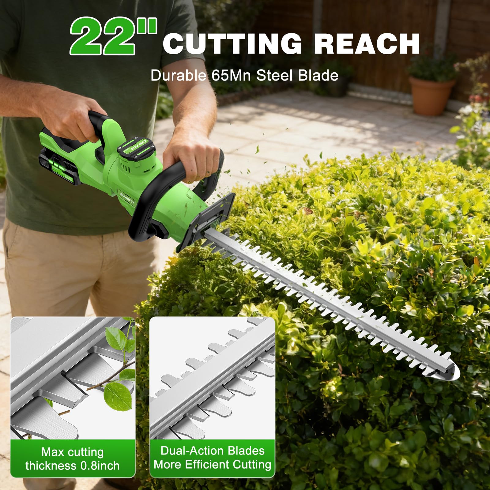 SOARFLY hedge trimmer showing battery and charger