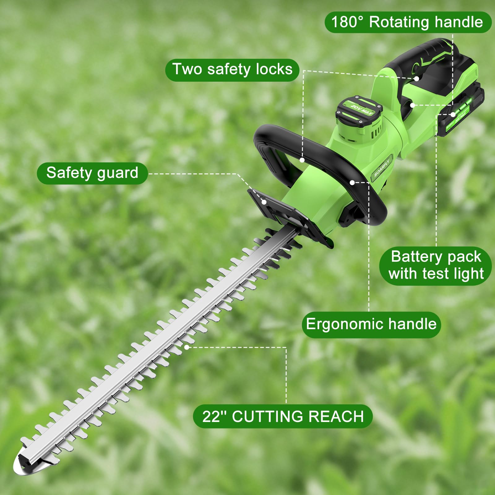 SOARFLY hedge trimmer with packaging and specifications