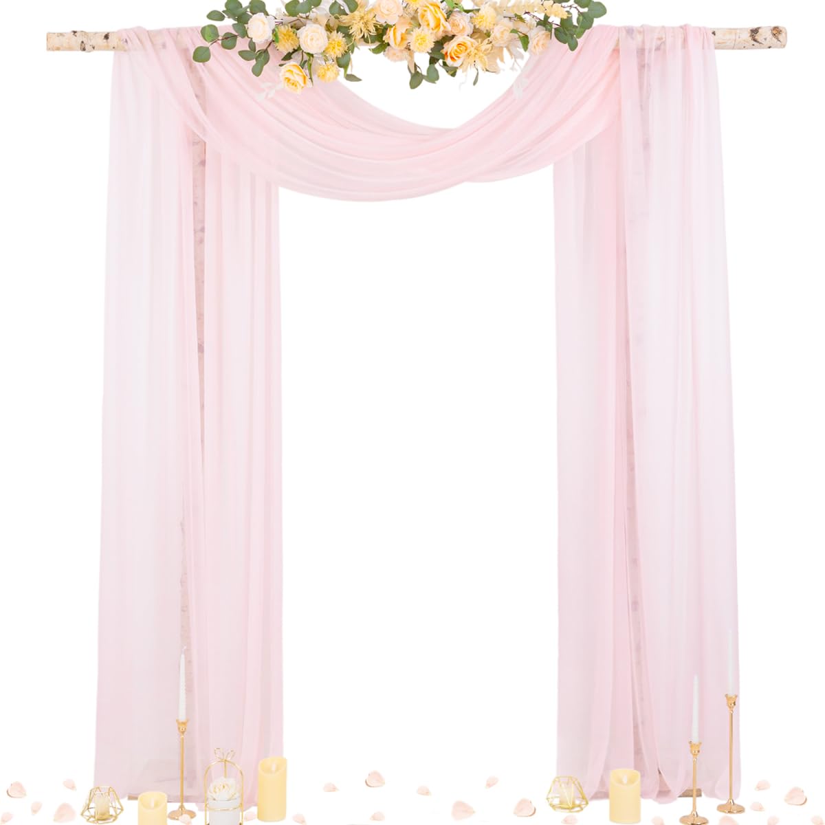 Socomi blush pink wedding arch draping sheer curtain front view