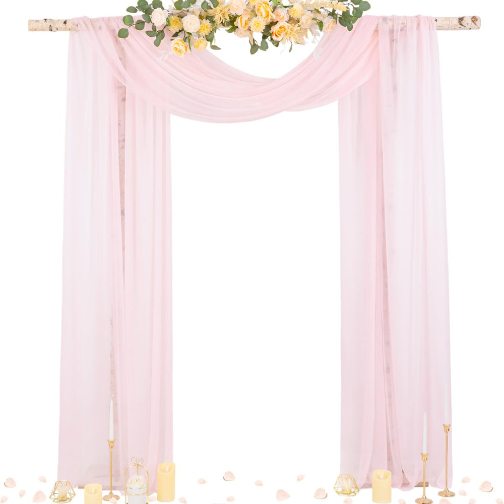 Socomi blush pink wedding arch draping sheer curtain front view