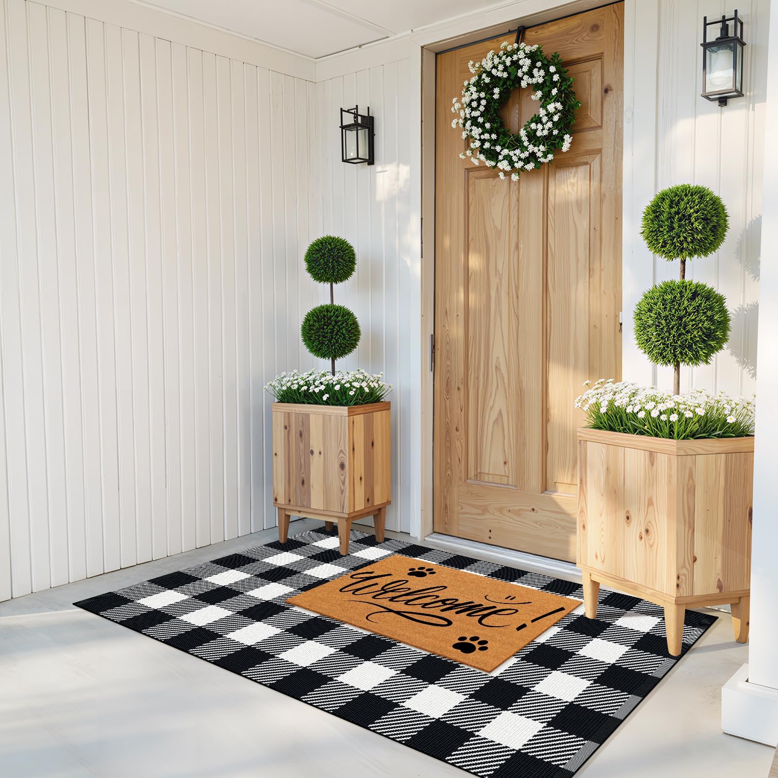 SofterCharm Outdoor Rug Black and White Checkered Front View