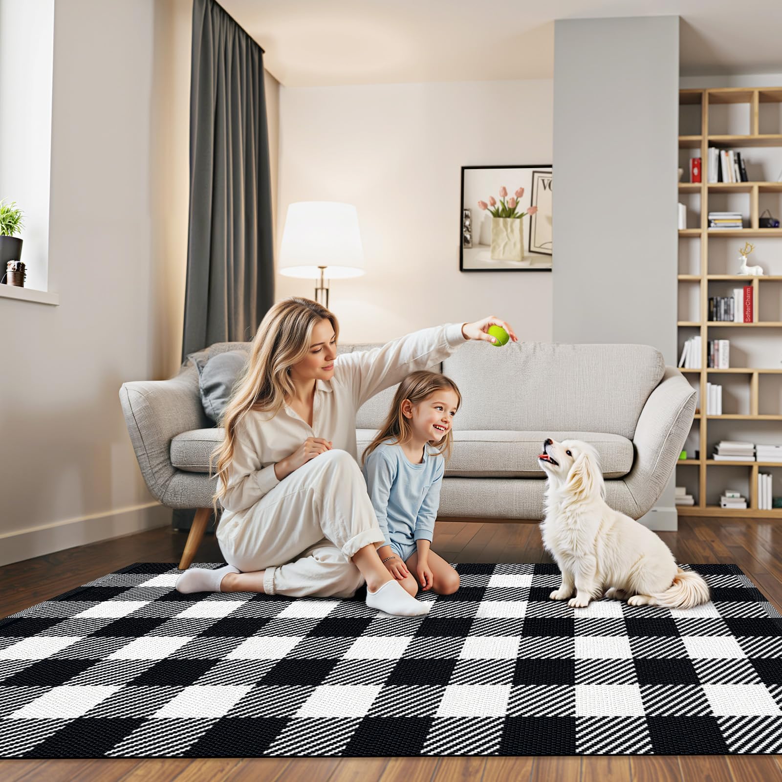 SofterCharm Outdoor Rug Black and White Checkered Pattern Detail