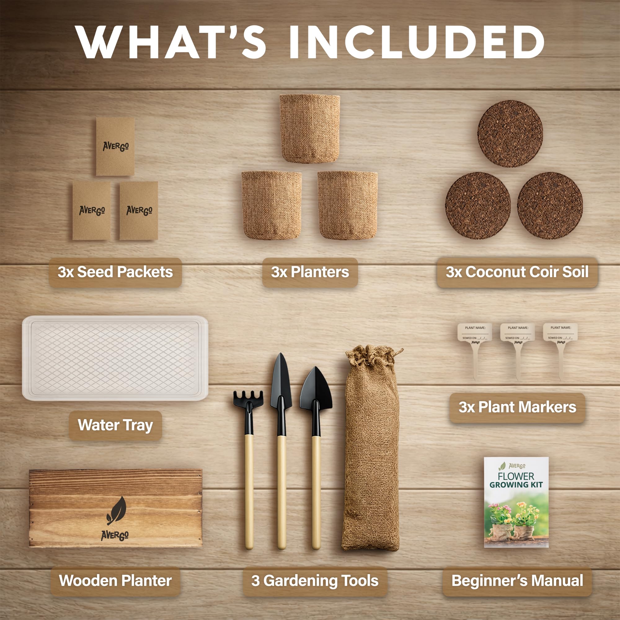 Soil discs and gardening tools from AVERGO flower growing kit