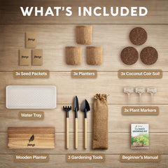 Soil discs and gardening tools from AVERGO flower growing kit