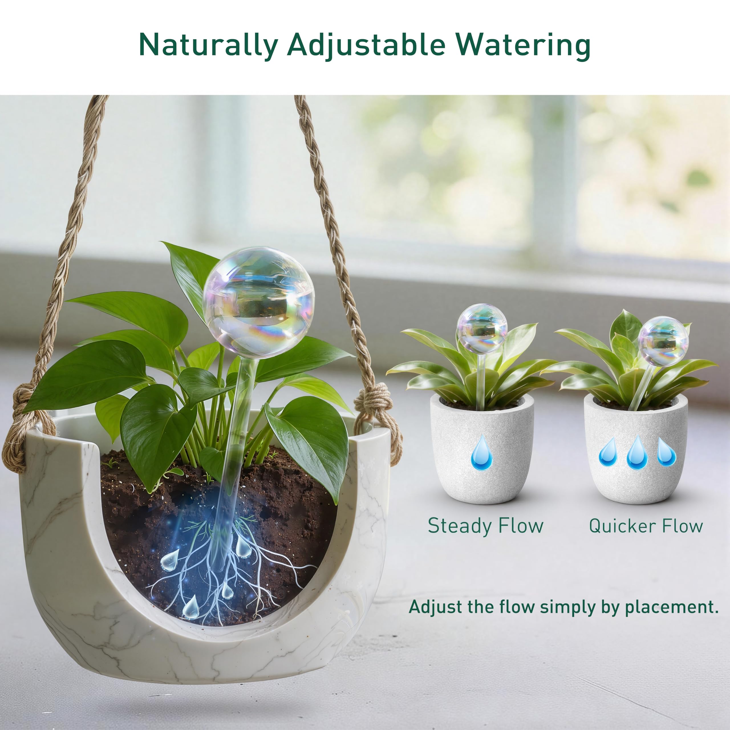 Soilagua Large Rainbow Plant Watering Globes in use with houseplants