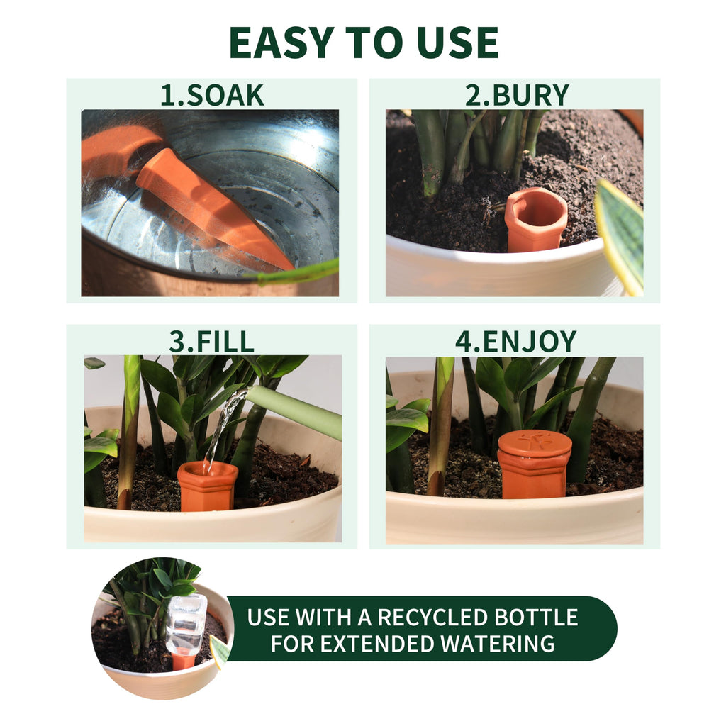 Soilagua watering spikes on a garden table