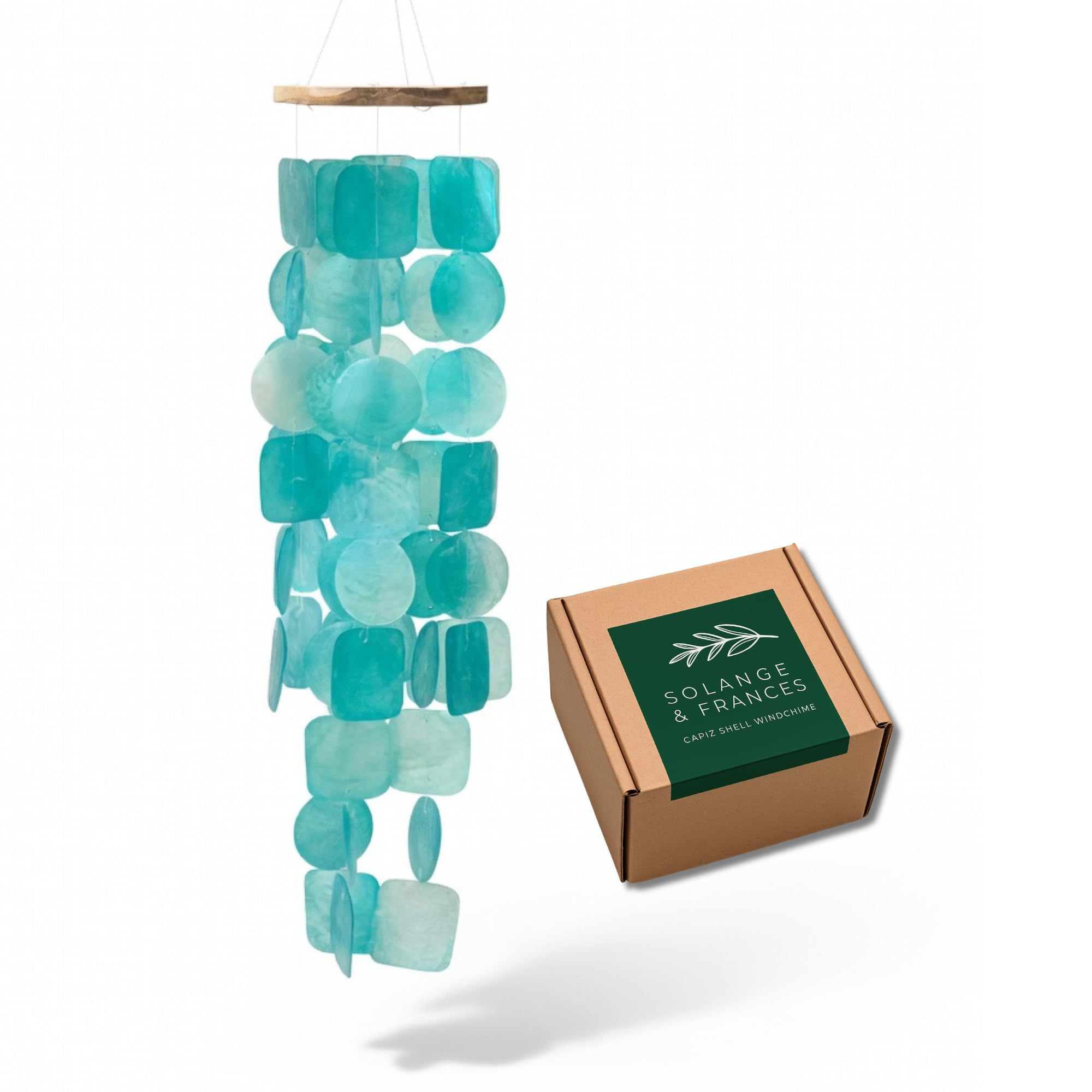Solange & Frances Turquoise Wind Chimes front view with Capiz shells
